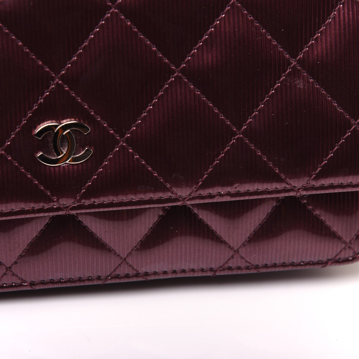Chanel Striated Patent Quilted Wallet on Chain WOC Bordeaux 13 of 15