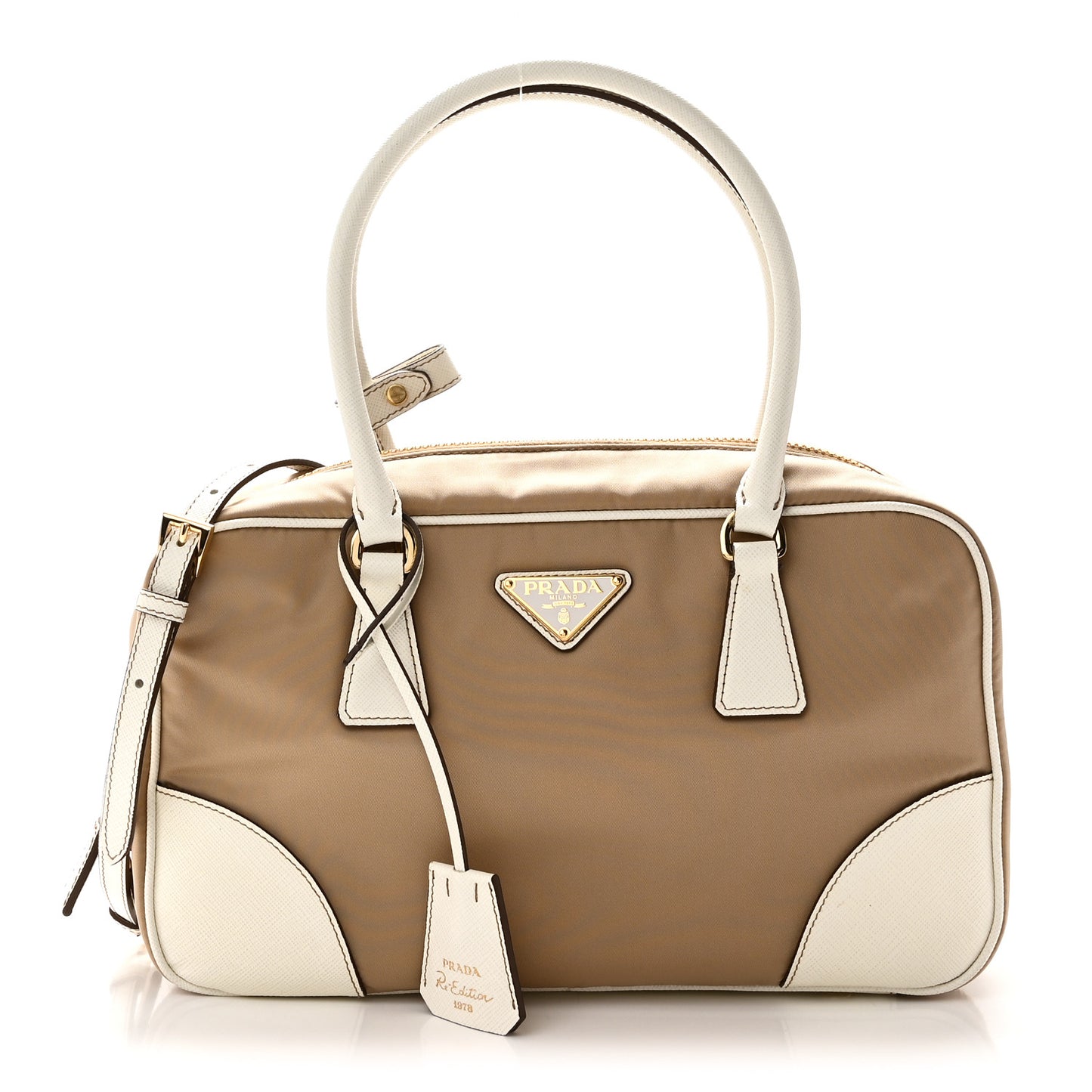 Re-Nylon Saffiano Medium Re-Edition 1978 Two Handle Bag White Biege