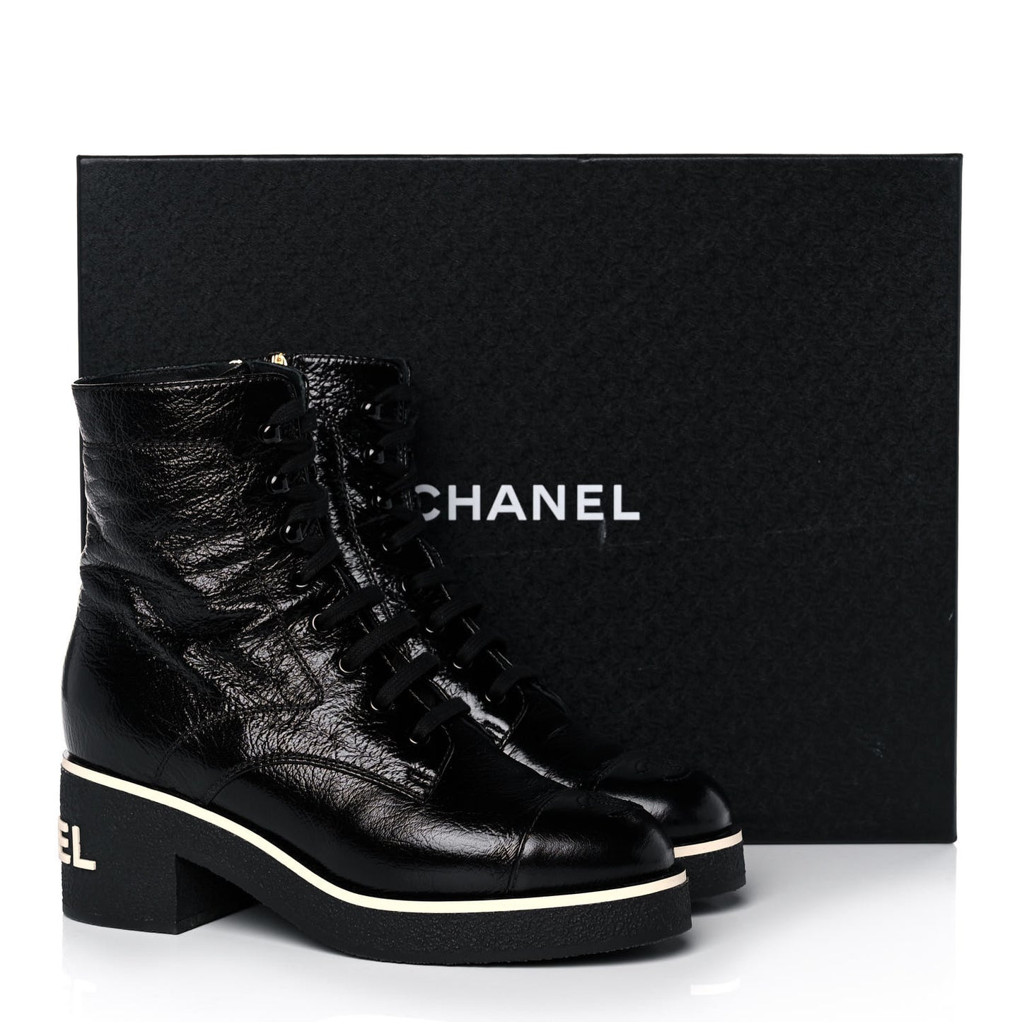 Shiny Crumpled Lambskin Lace Up Combat Boots 38 Black