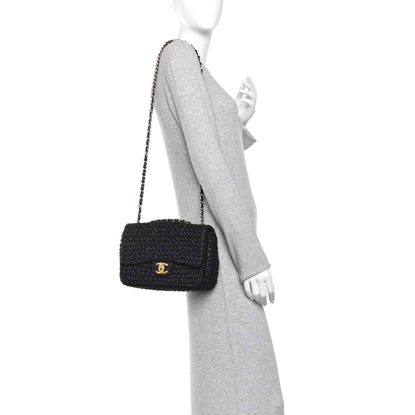 Raffia Crochet Paris Greece Medium Flap Bag Black