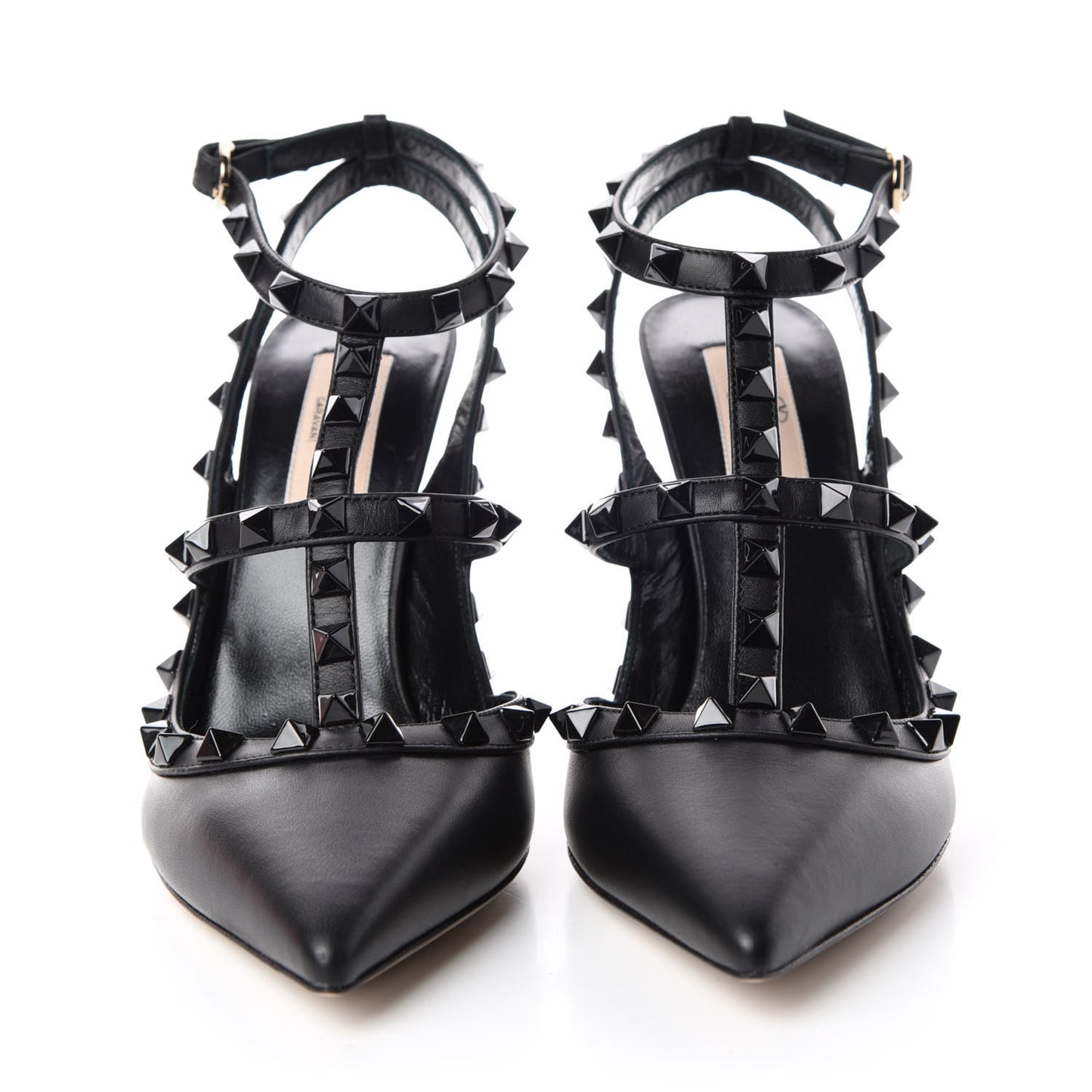 Calfskin Lacquered Monochrome Rockstud Ankle Strap 100mm Pumps 37.5 Black