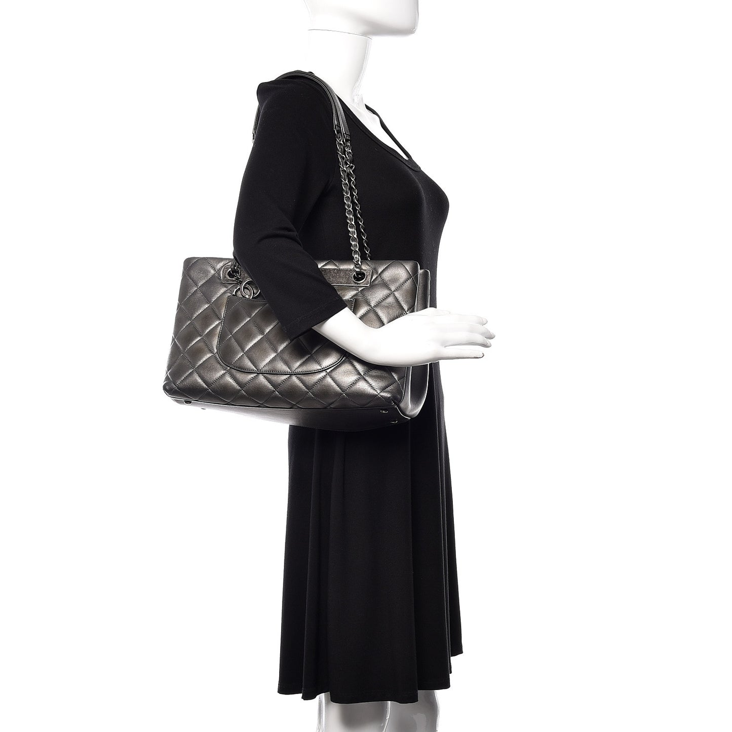Metallic Lambskin Quilted Small Trendy CC Shopping Tote Grey