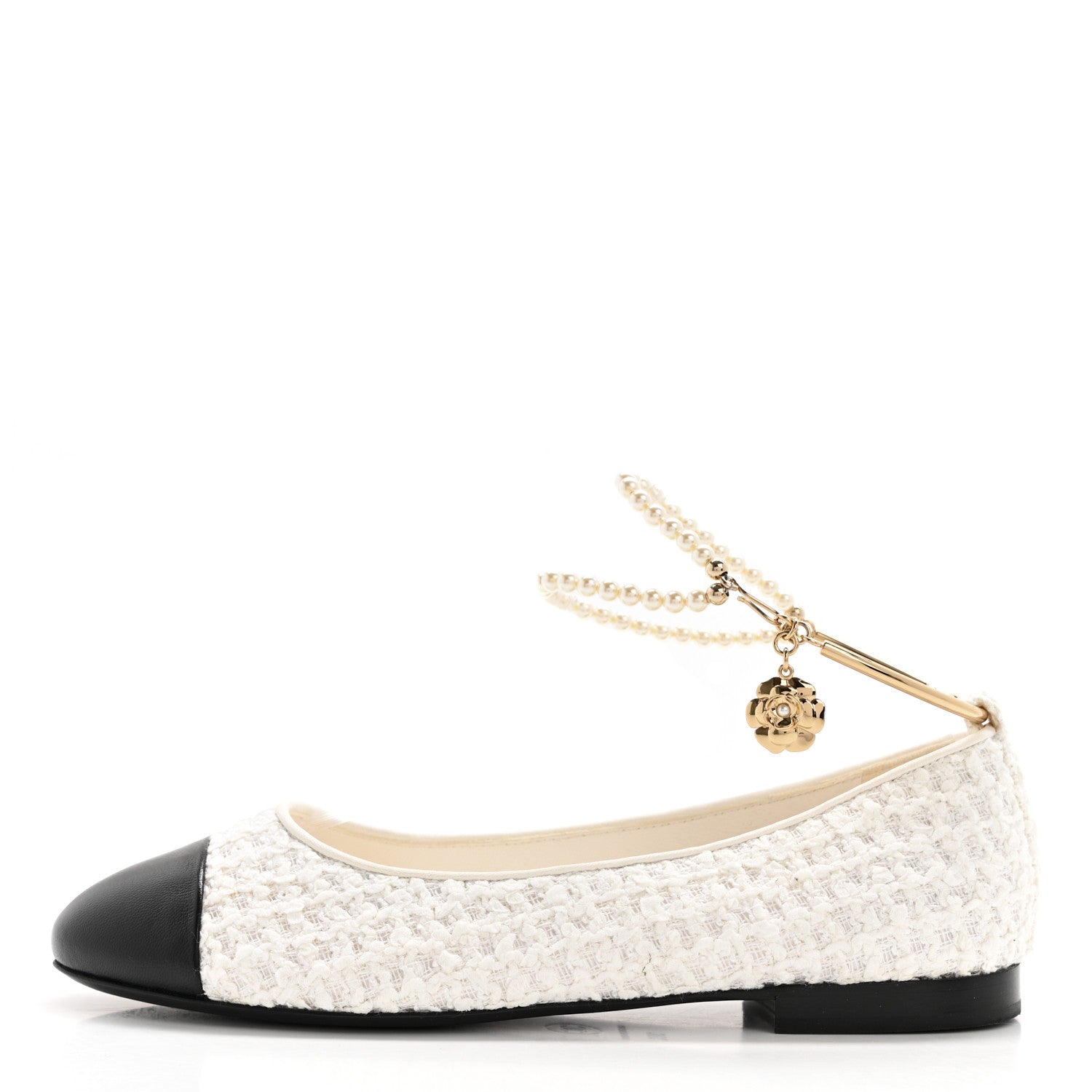 Chanel Tweed Lambskin Cap Toe Ankle Chain Ballerina Flats 38 White Black 1 of 9