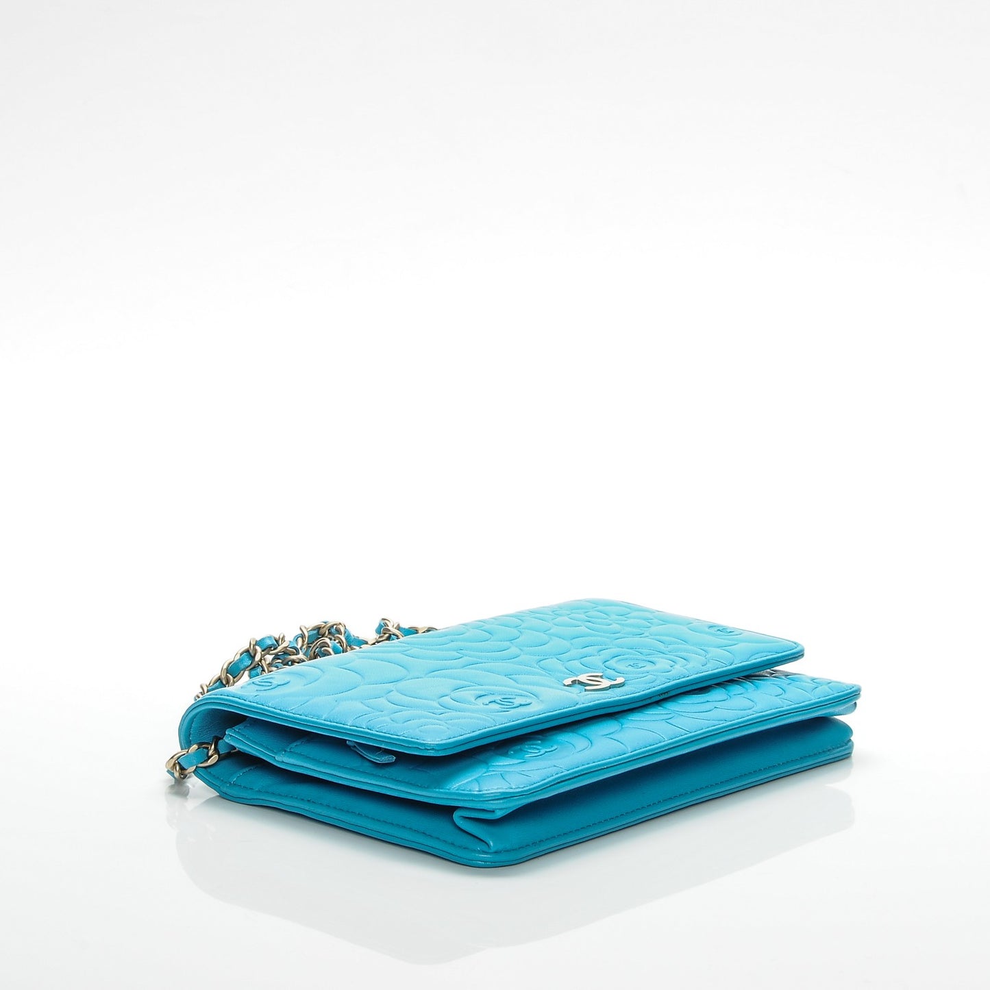 Lambskin Camellia Embossed Wallet On Chain WOC Turquoise