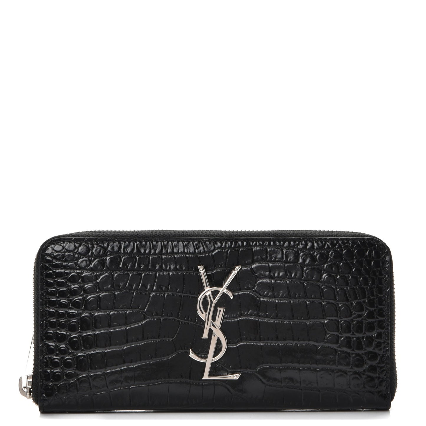 Calfskin Crocodile Embossed Monogram Zip Around Wallet Black