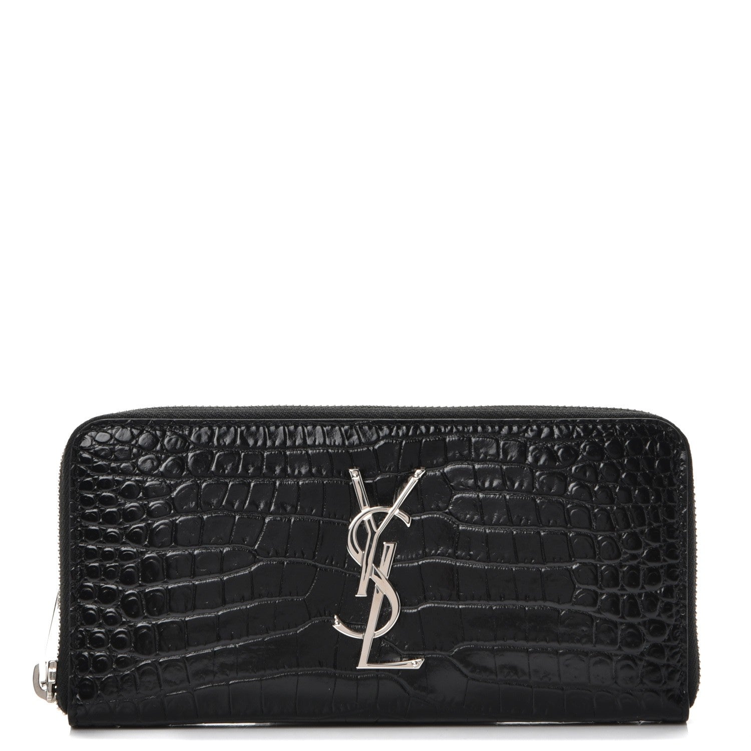 Saint Laurent Calfskin Crocodile Embossed Monogram Zip Around Wallet Black 1 of 8