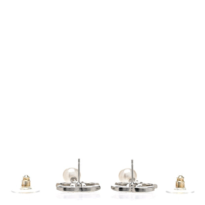 Chanel Pearl Crystal CC Drop Earrings Silver Pearly White 3 of 5