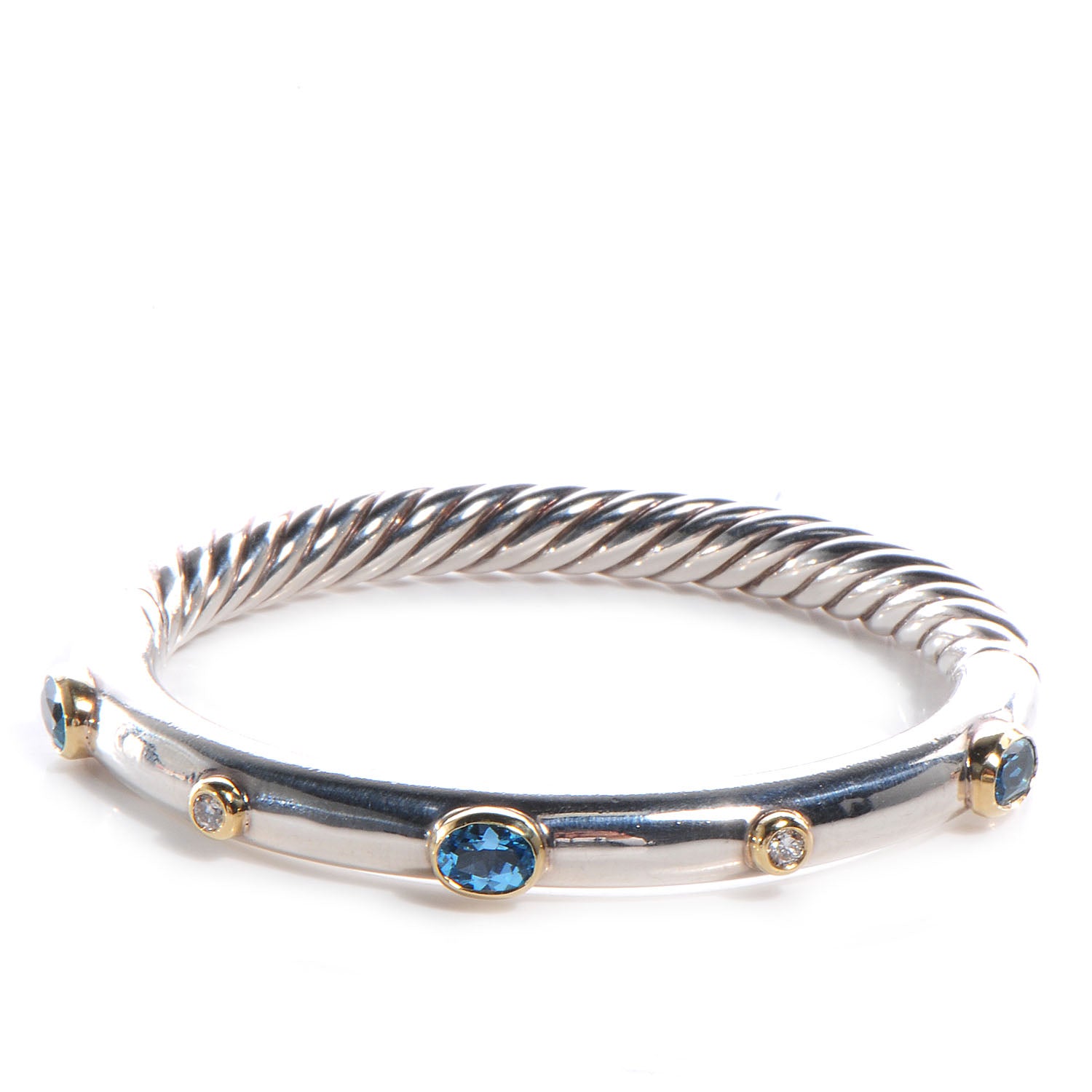David Yurman Sterling Silver 18K Yellow Gold Blue Topaz Diamond 7mm Renaissance Bangle Bracelet 1 of 7