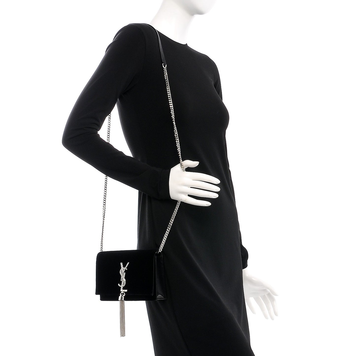 Velvet Crystal Monogram Tassel Chain Wallet Black
