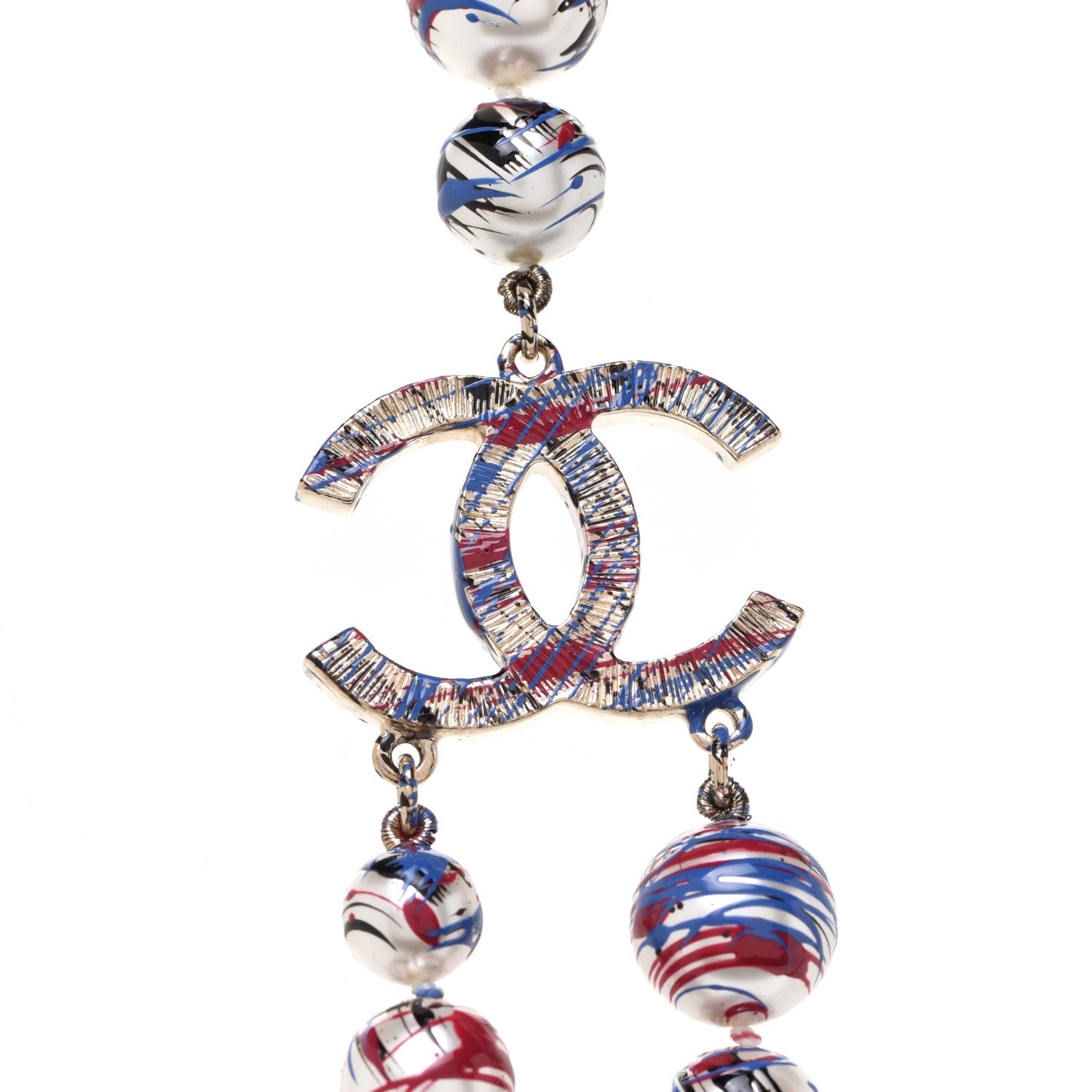 Chanel Pearl CC Graffiti Long Necklace Red White Blue Gold 4 of 6