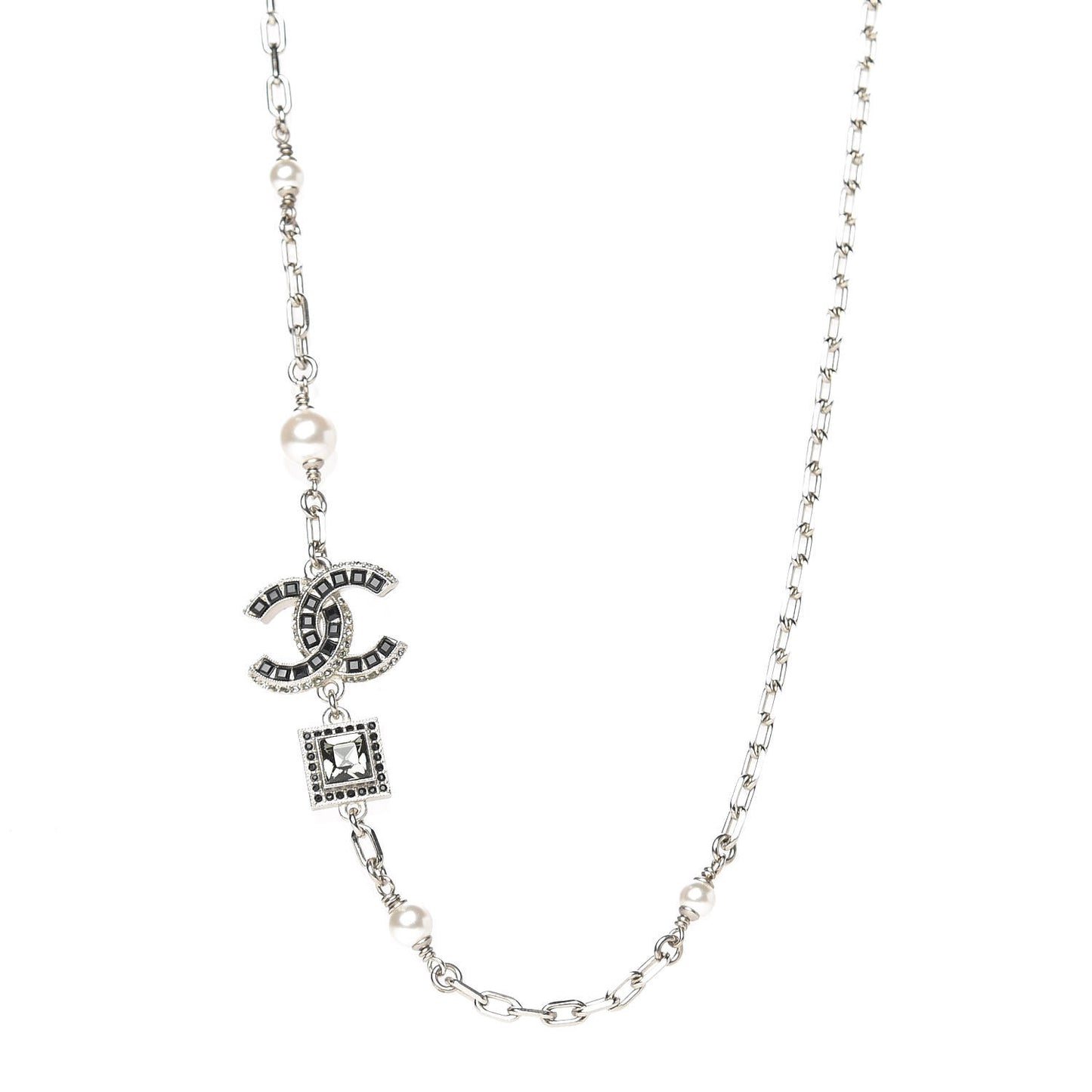 Pearl Baguette Crystal CC Short Necklace Silver