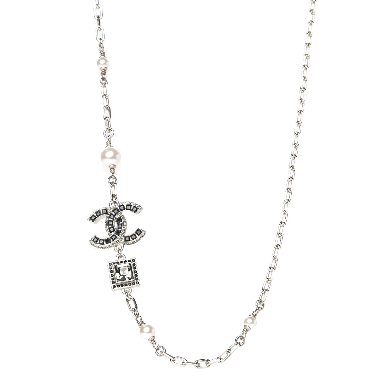 Chanel Pearl Baguette Crystal CC Short Necklace Silver 1 of 5
