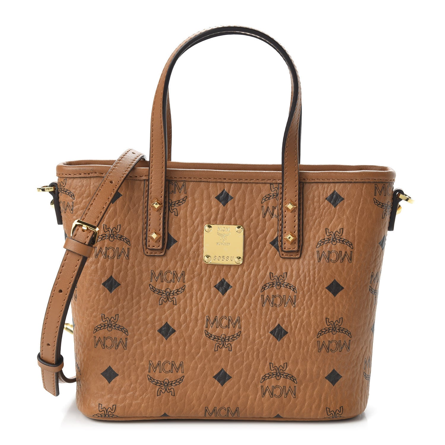 MCM Visetos Mini Anya Top Zip Shopper Tote Cognac 1 of 9