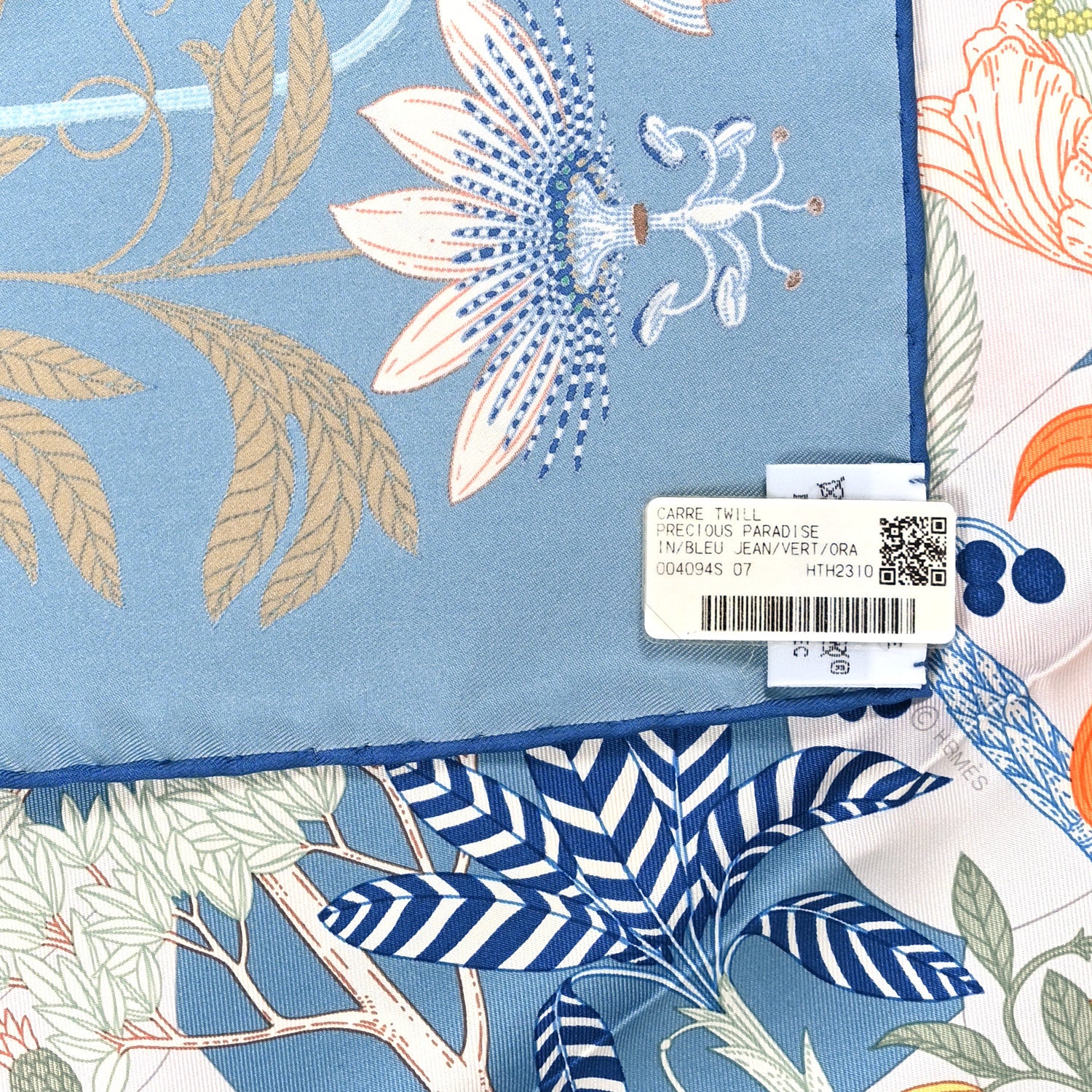 Hermes Silk Precious Paradis Scarf 90 Bleu Jean Vert Orange