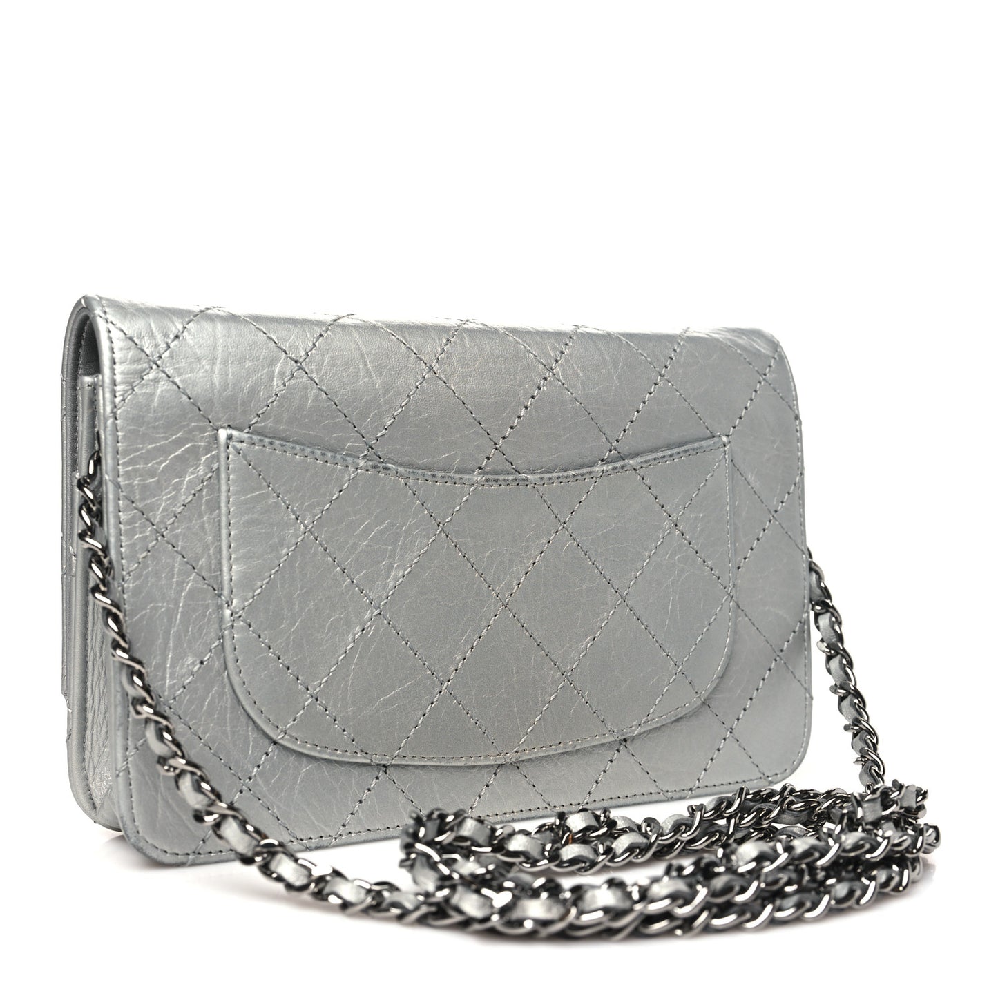 Metallic Aged Calfskin Quilted Reissue Wallet On Chain WOC Silver