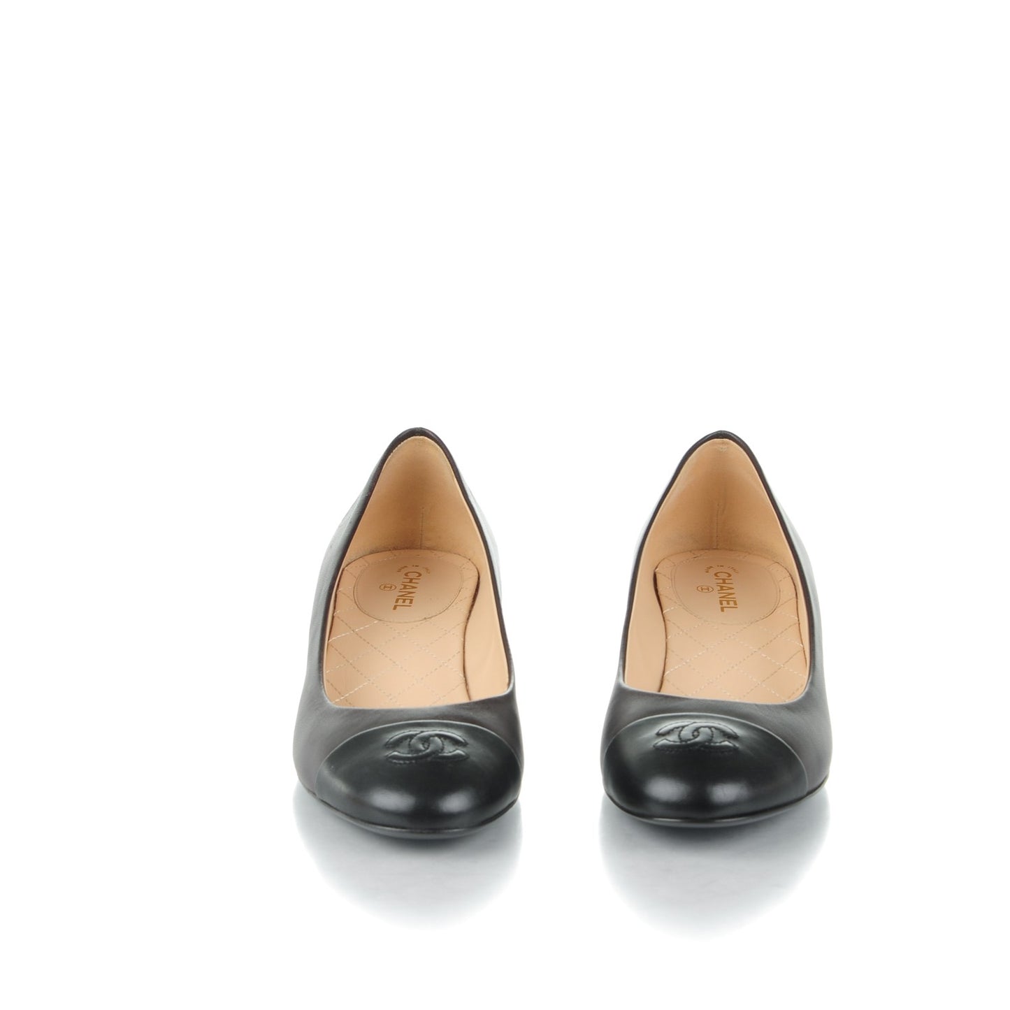 Lambskin CC Cap Toe Low Heel Pumps 38.5 Dark Brown Black