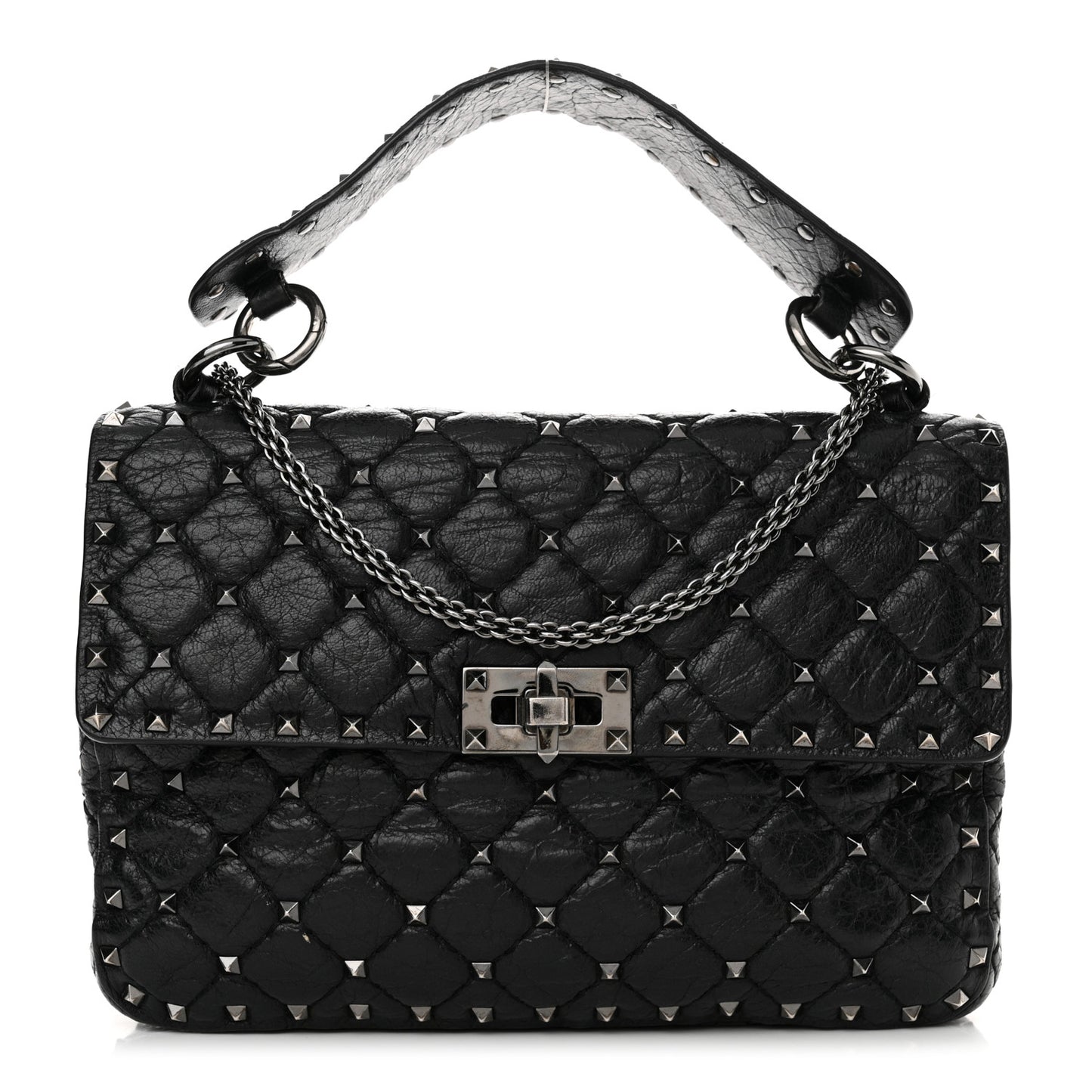 Craquele Nappa Medium Rockstud Spike Shoulder Bag Black