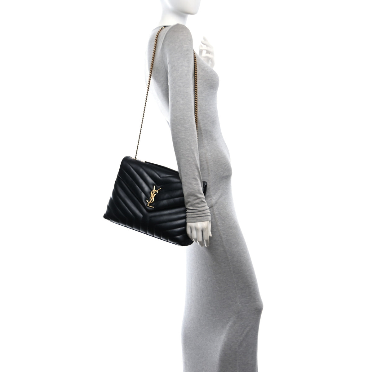 Calfskin Y Quilted Monogram Medium Loulou Chain Satchel Black