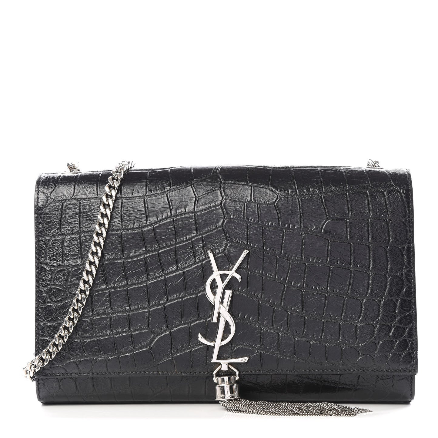 Calfskin Crocodile Embossed Medium Classic Monogram Kate Tassel Satchel Black
