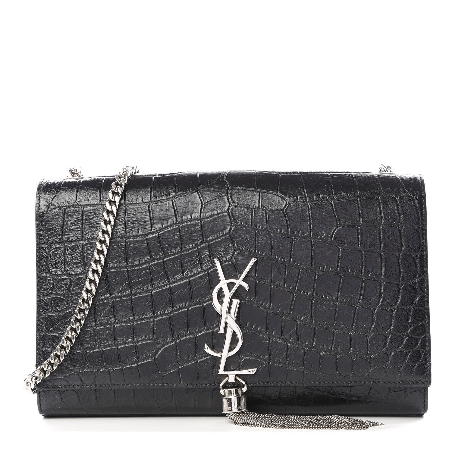 Saint Laurent Calfskin Crocodile Embossed Medium Classic Monogram Kate Tassel Satchel Black 1 of 8