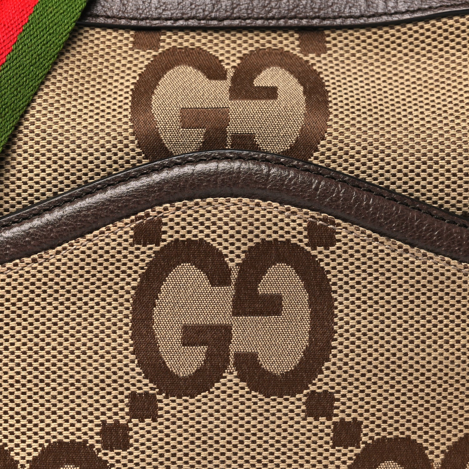 Gucci Monogram Jumbo GG Textured Dollar Calfskin Web Messenger Shoulder Bag Camel Ebony New Acero 7 of 11