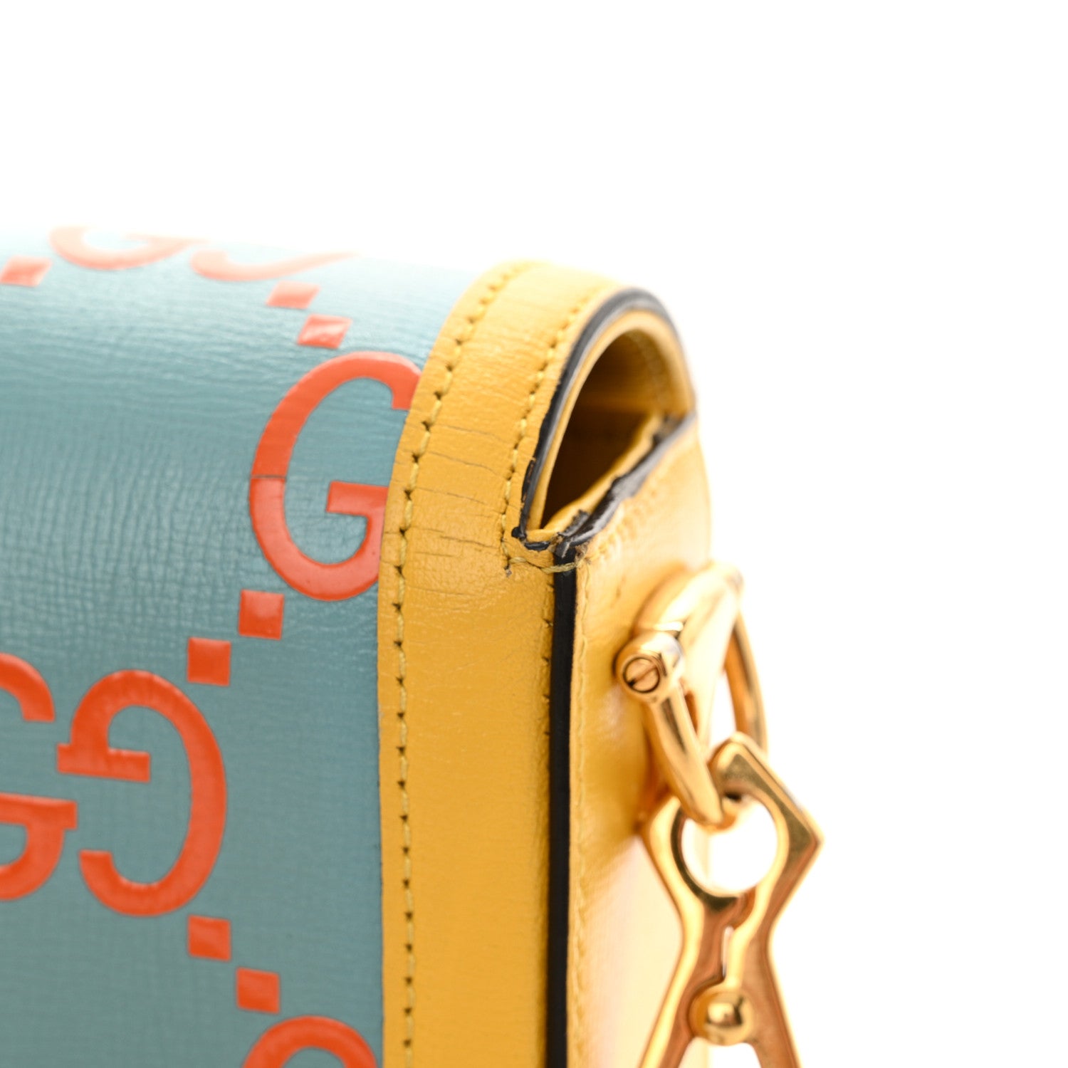 Gucci Azalea Calfskin GG Monogram Bi-Color Debossed Mini Horsebit 1955 Shoulder Bag Dusty Azure Stone Topaz Deep Orange 17 of 19
