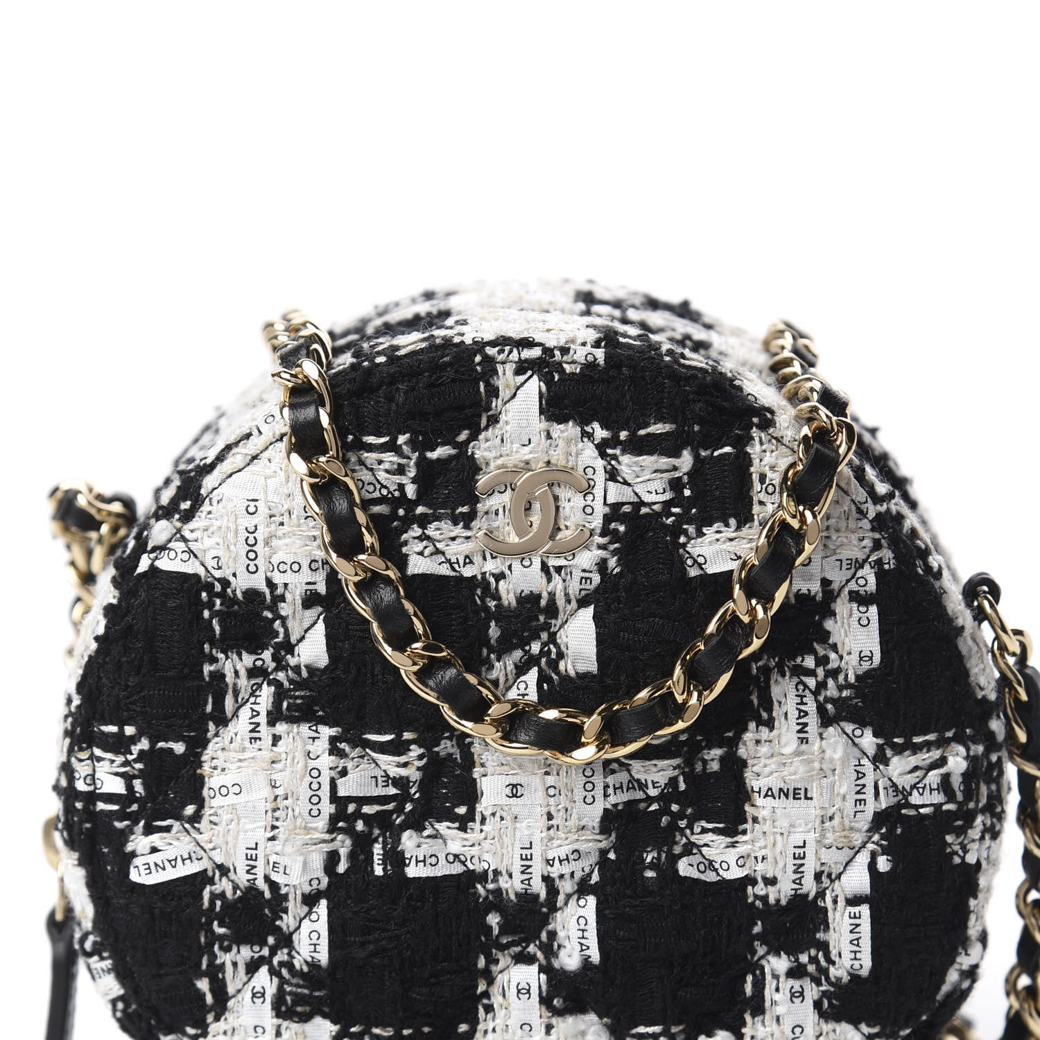 Chanel Tweed Quilted Round Clutch With Chain Black Ecru White 9 of 10