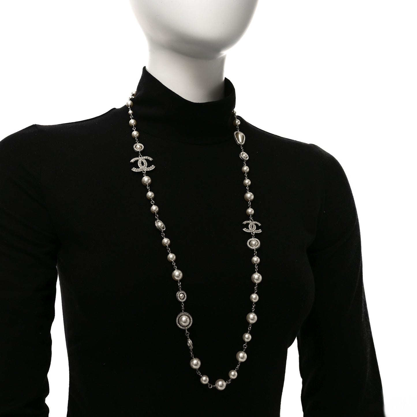 Pearl Crystal CC Long Necklace Silver