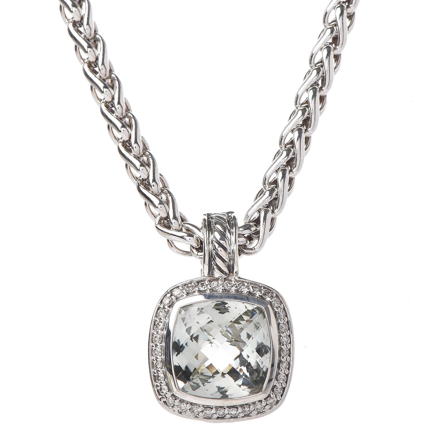 Sterling Silver Diamond Prasiolite 11mm Albion Wheat Chain Pendant Necklace