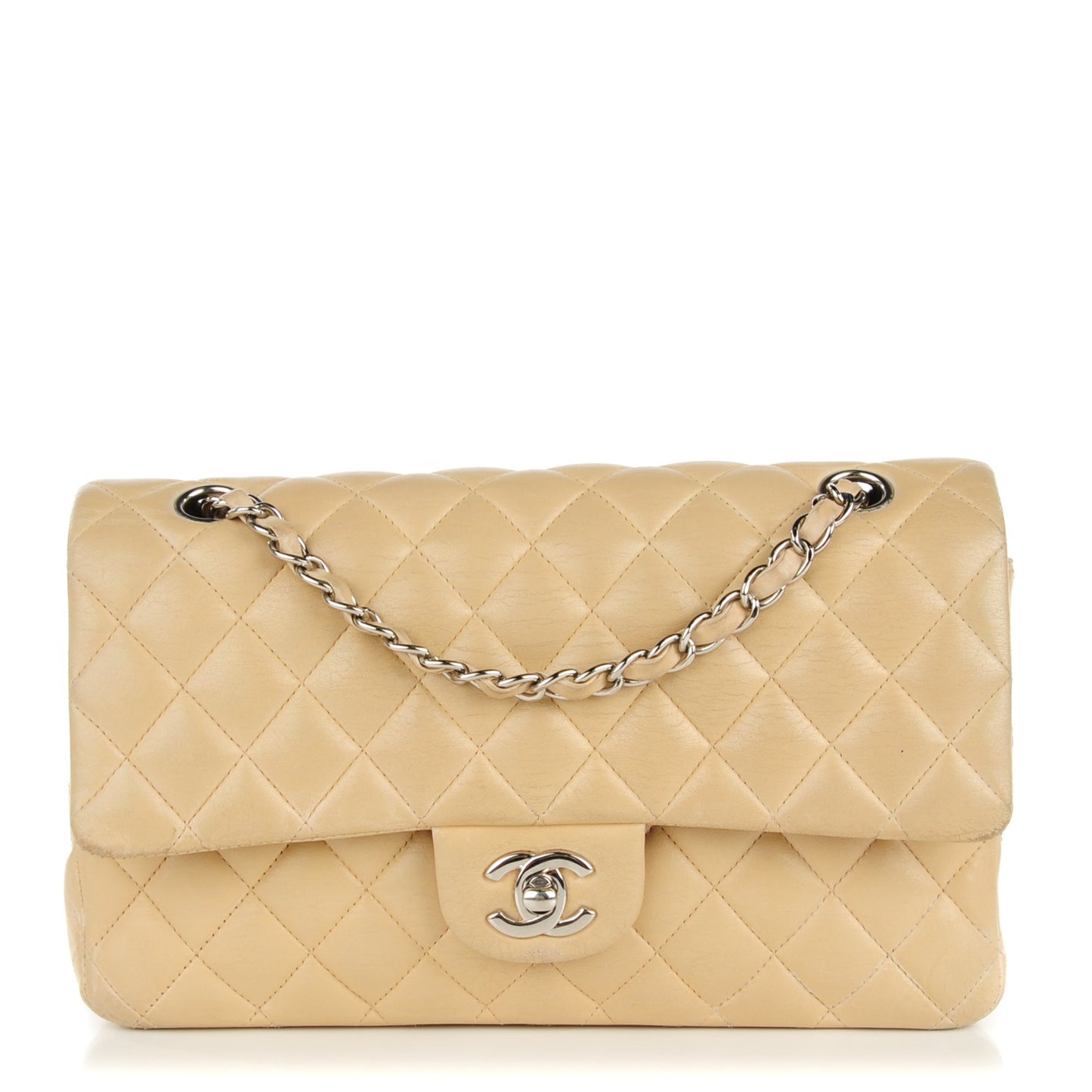 Lambskin Quilted Medium Double Flap Beige