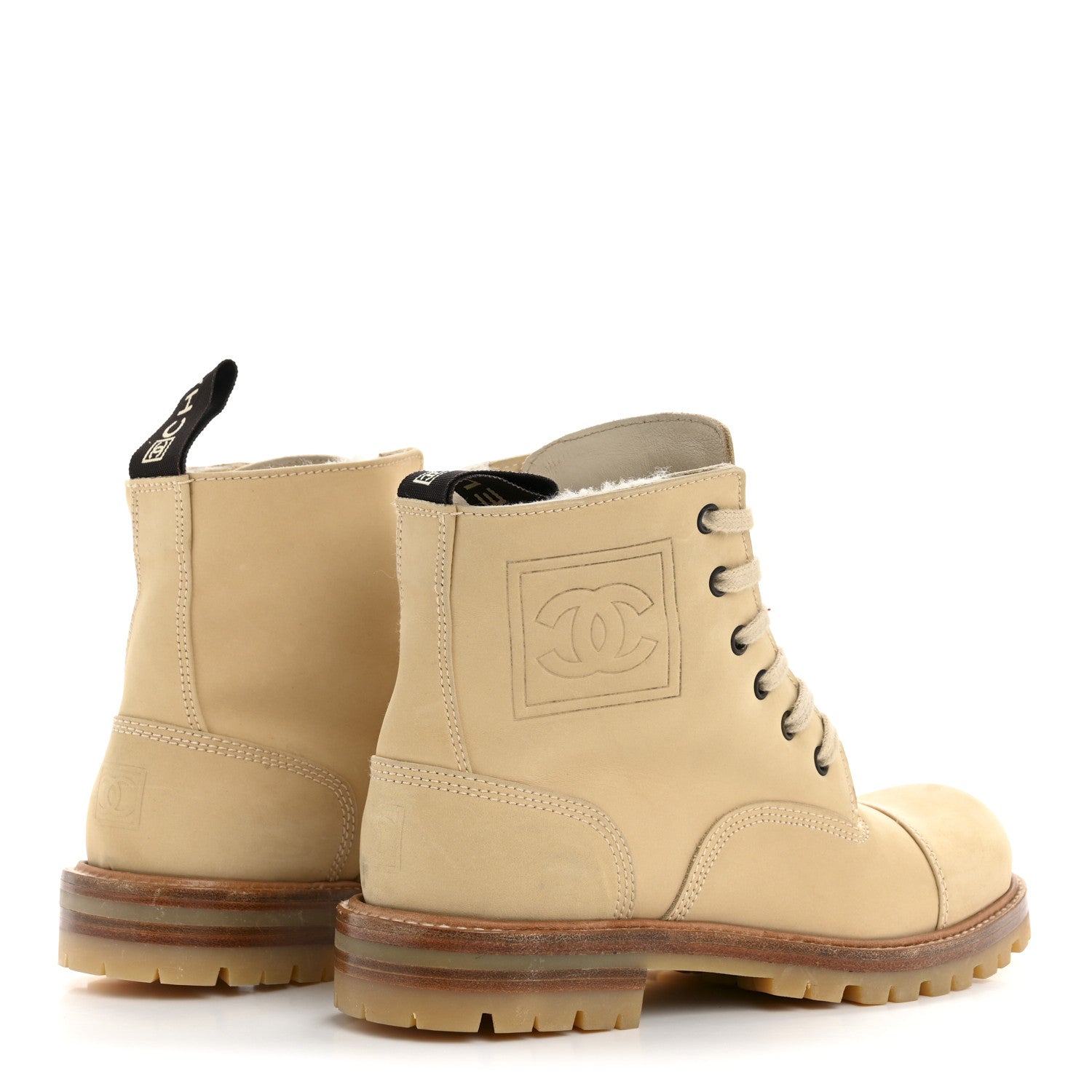 Chanel Calfskin Suede Quilted Lace Up Combat Boots 37 Light Beige 5 of 9