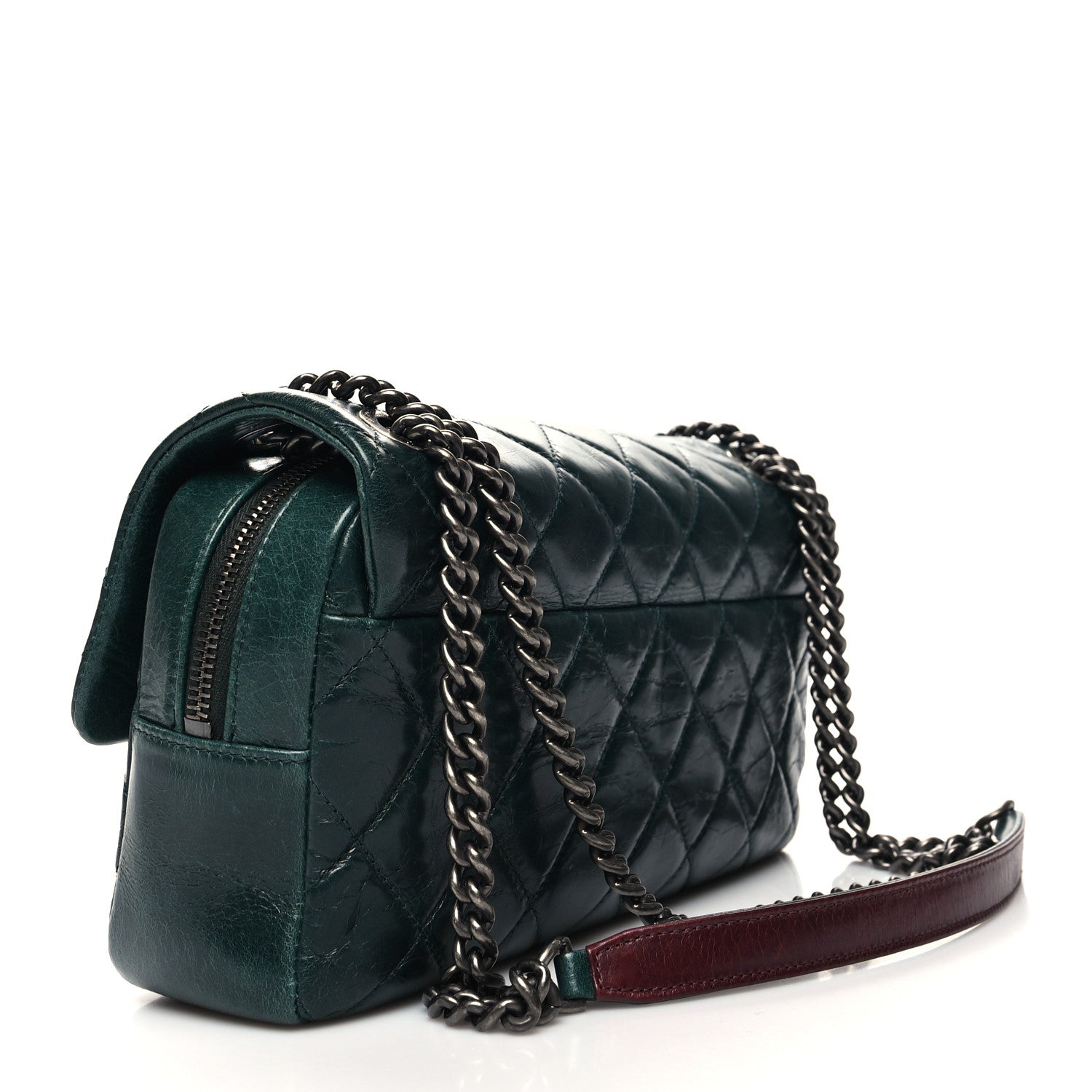 Chanel Glazed Calfskin Quilted Medium Duo Color Flap Dark Green Burgundy 3 of 11