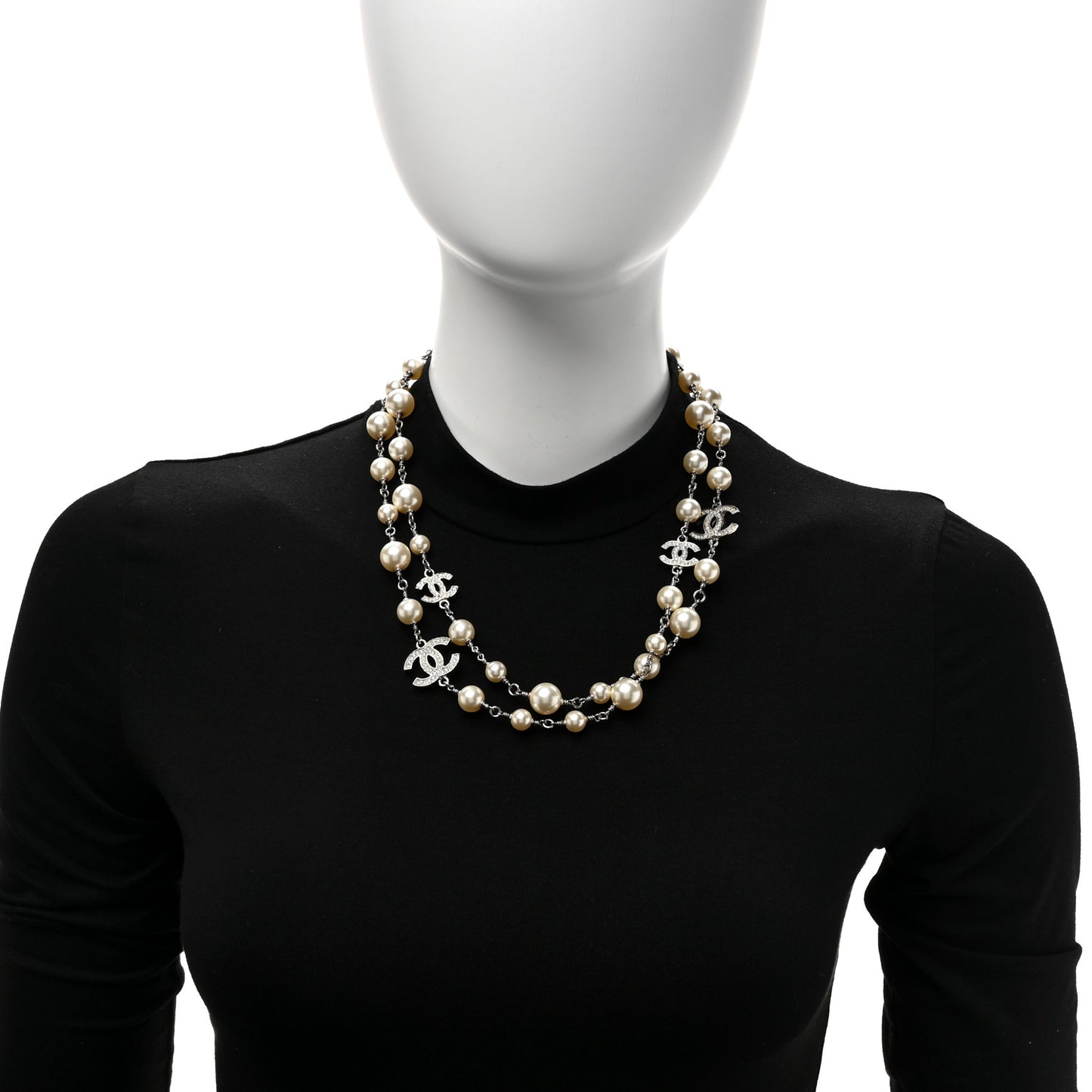 Graduated Pearl Crystal CC Long Necklace Silver
