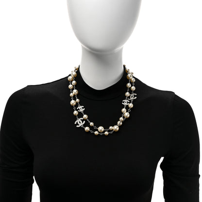 Chanel Graduated Pearl Crystal CC Long Necklace Silver 2 of 6