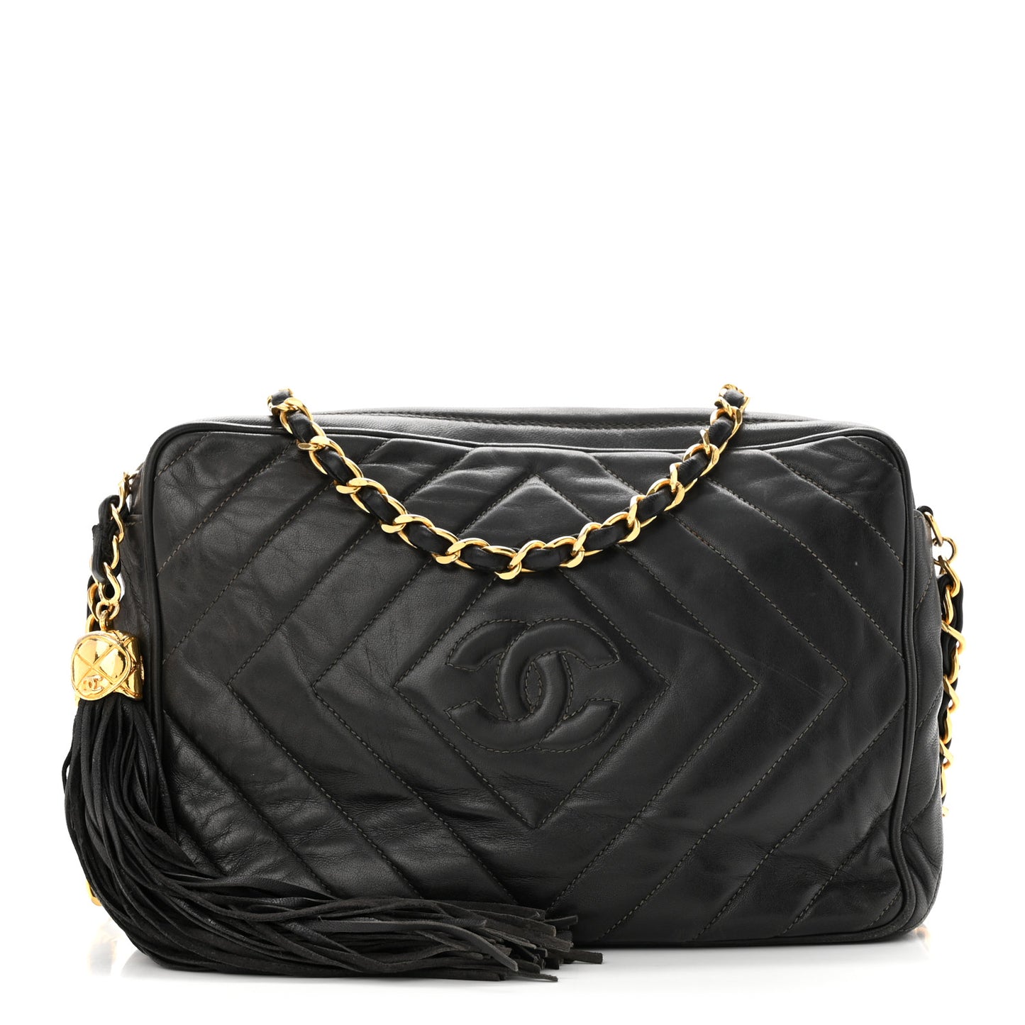 Lambskin Chevron Quilted Tassel Camera Case Black