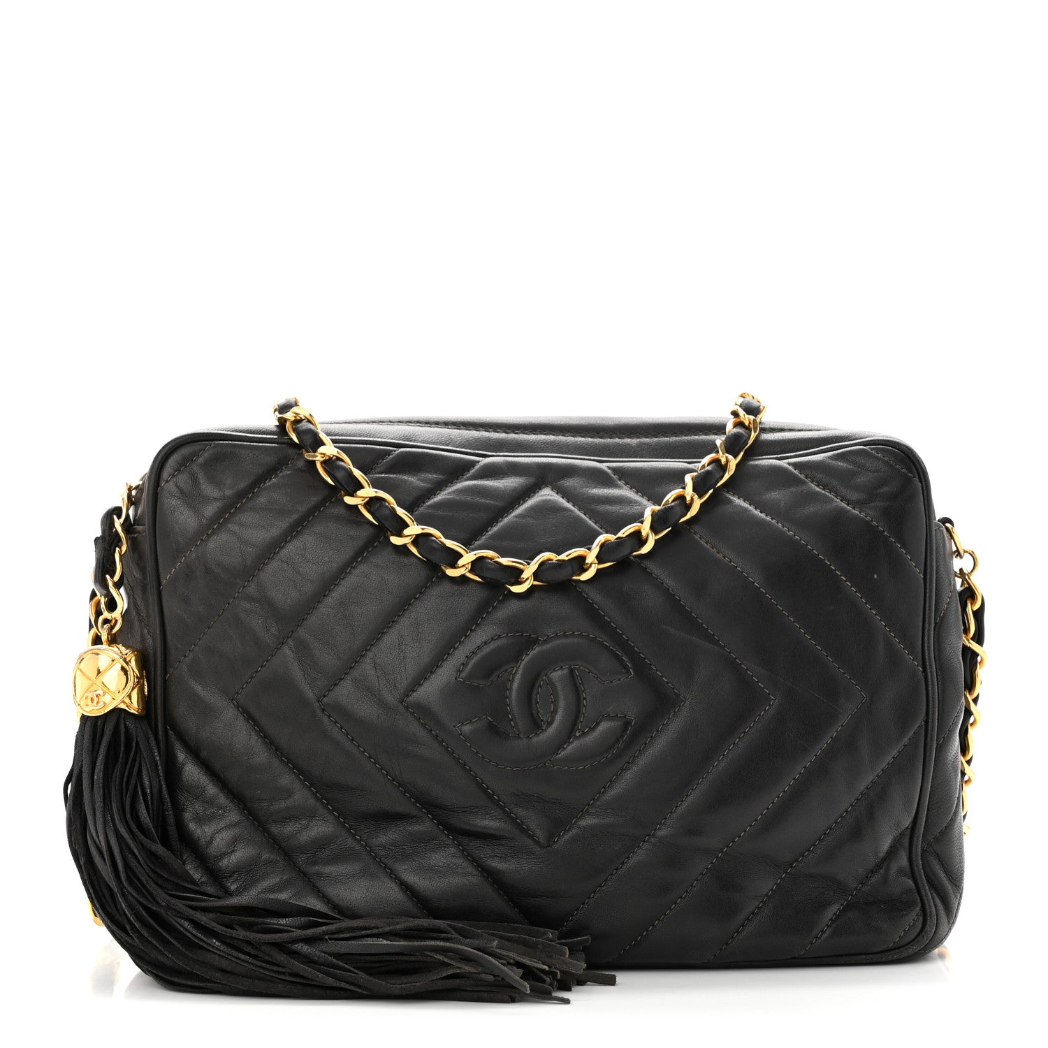 Chanel Lambskin Chevron Quilted Tassel Camera Case Black 1 of 12