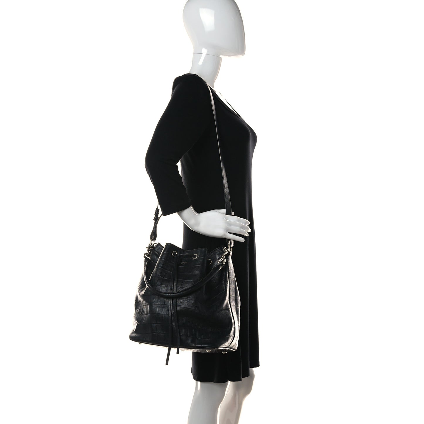 Calfskin Crocodile Embossed Large Emmanuelle Bucket Bag Black