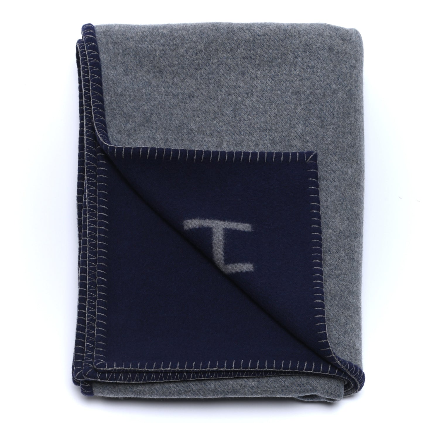 Wool Cashmere H Casaque Blanket Marine Acier