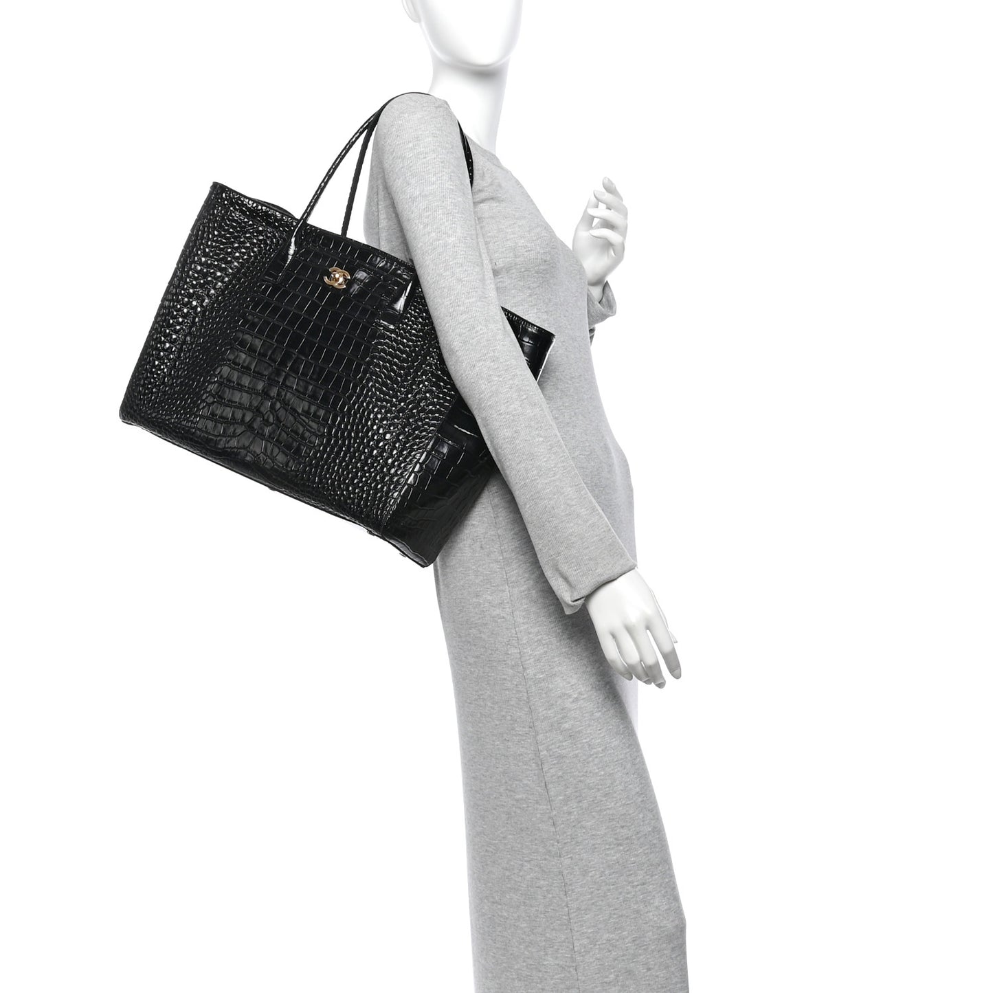 Calfskin Crocodile Embossed Archetype Large Shopping Tote Black