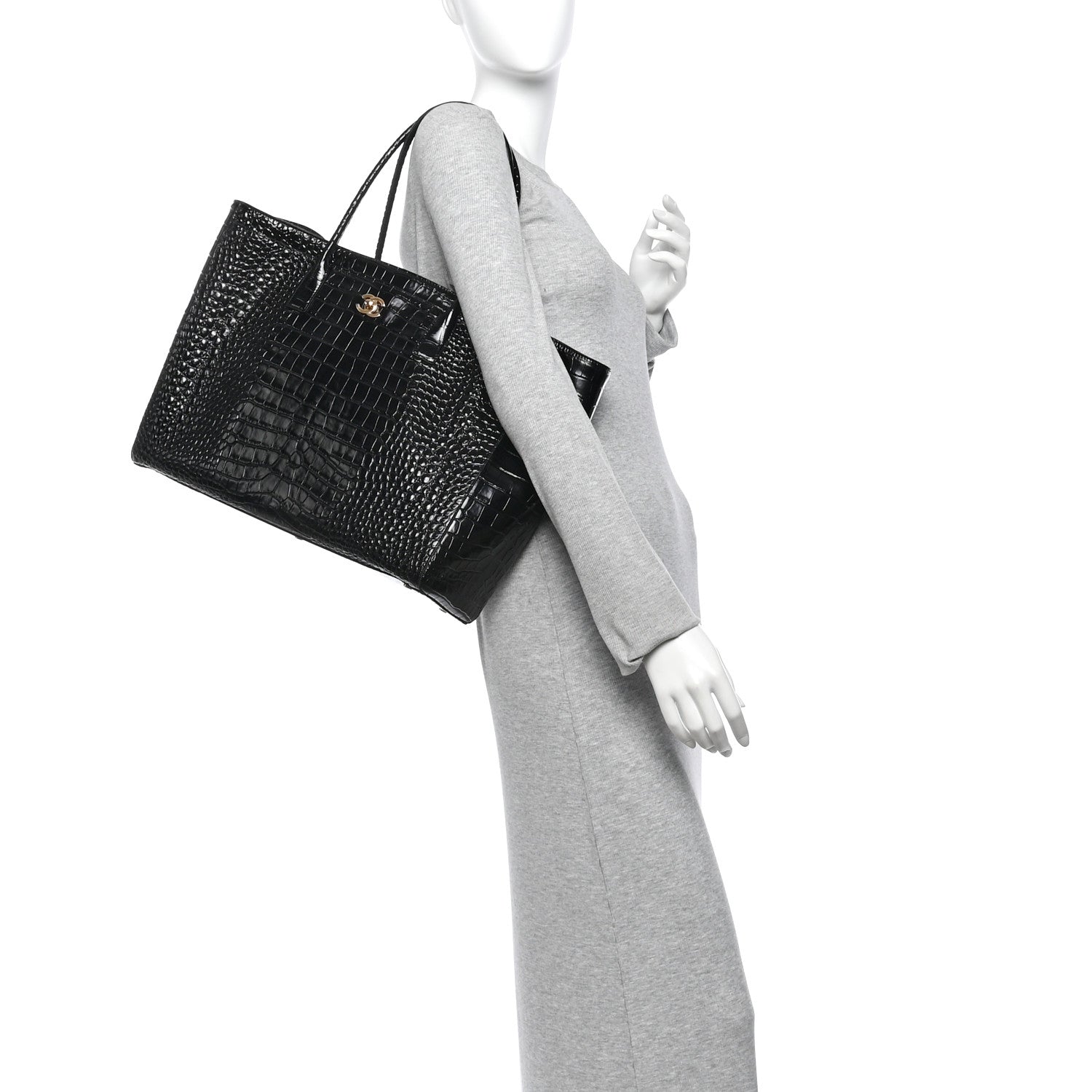 Chanel Calfskin Crocodile Embossed Archetype Large Shopping Tote Black 2 of 10
