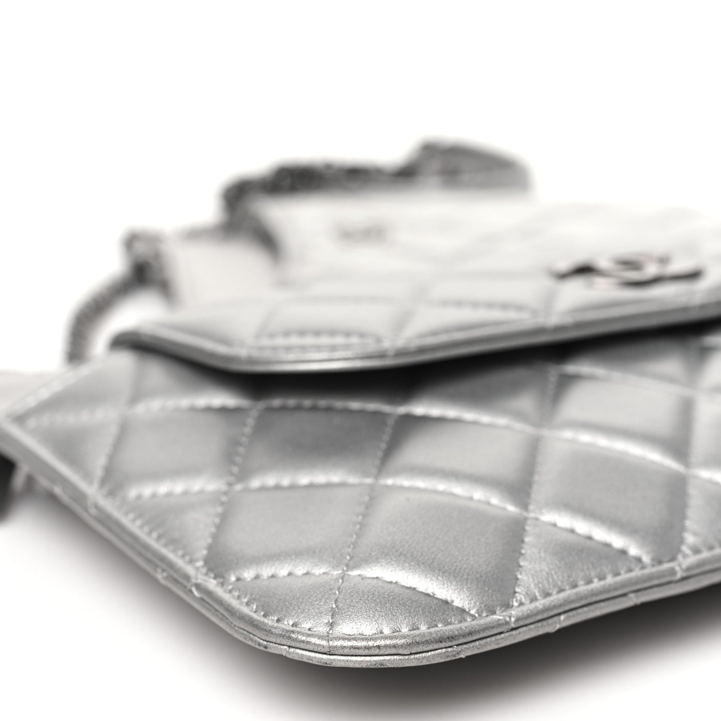 Metallic Lambskin Quilted Clutch With Chain Silver