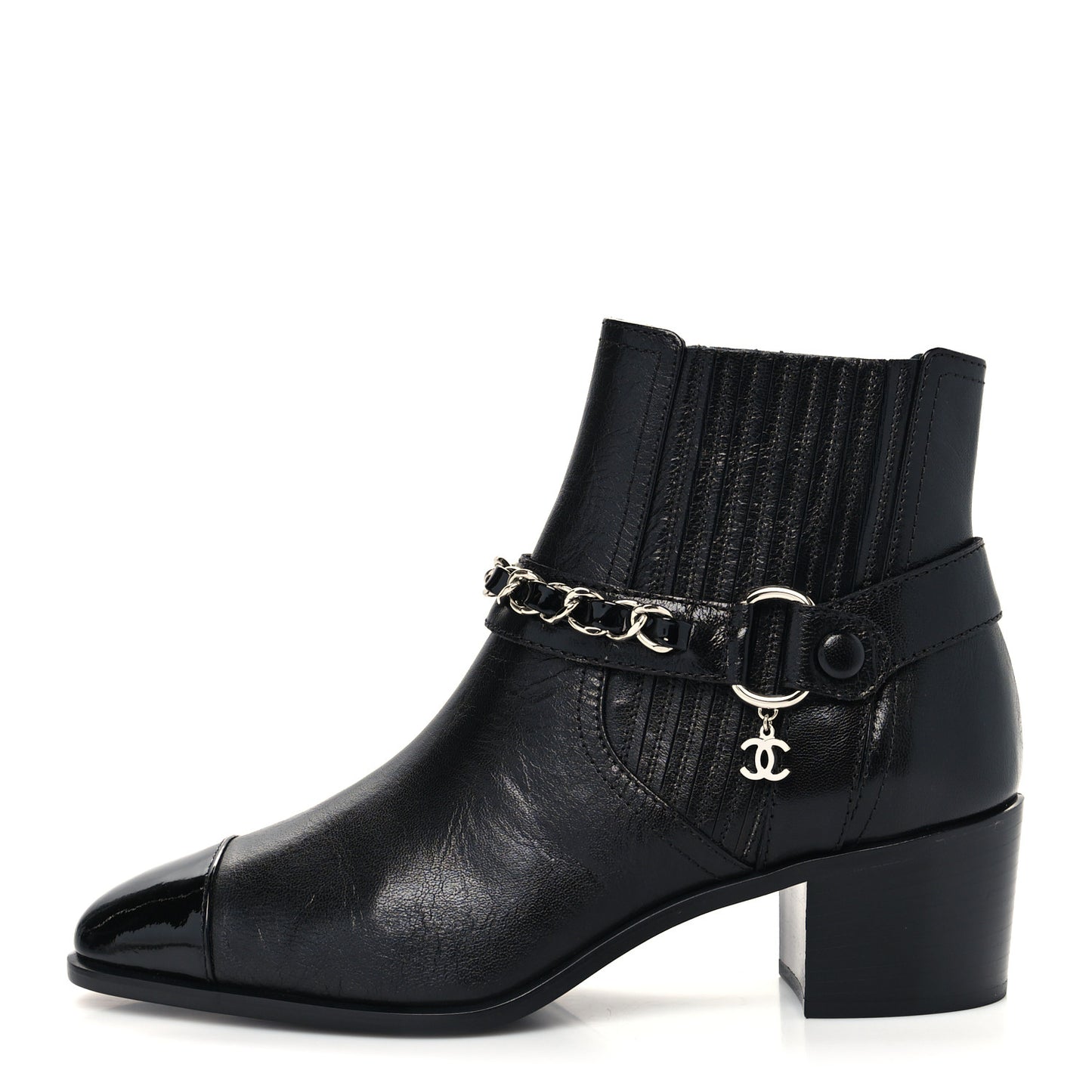 Goatskin Patent CC Cap Toe Chain Boots 37 Black