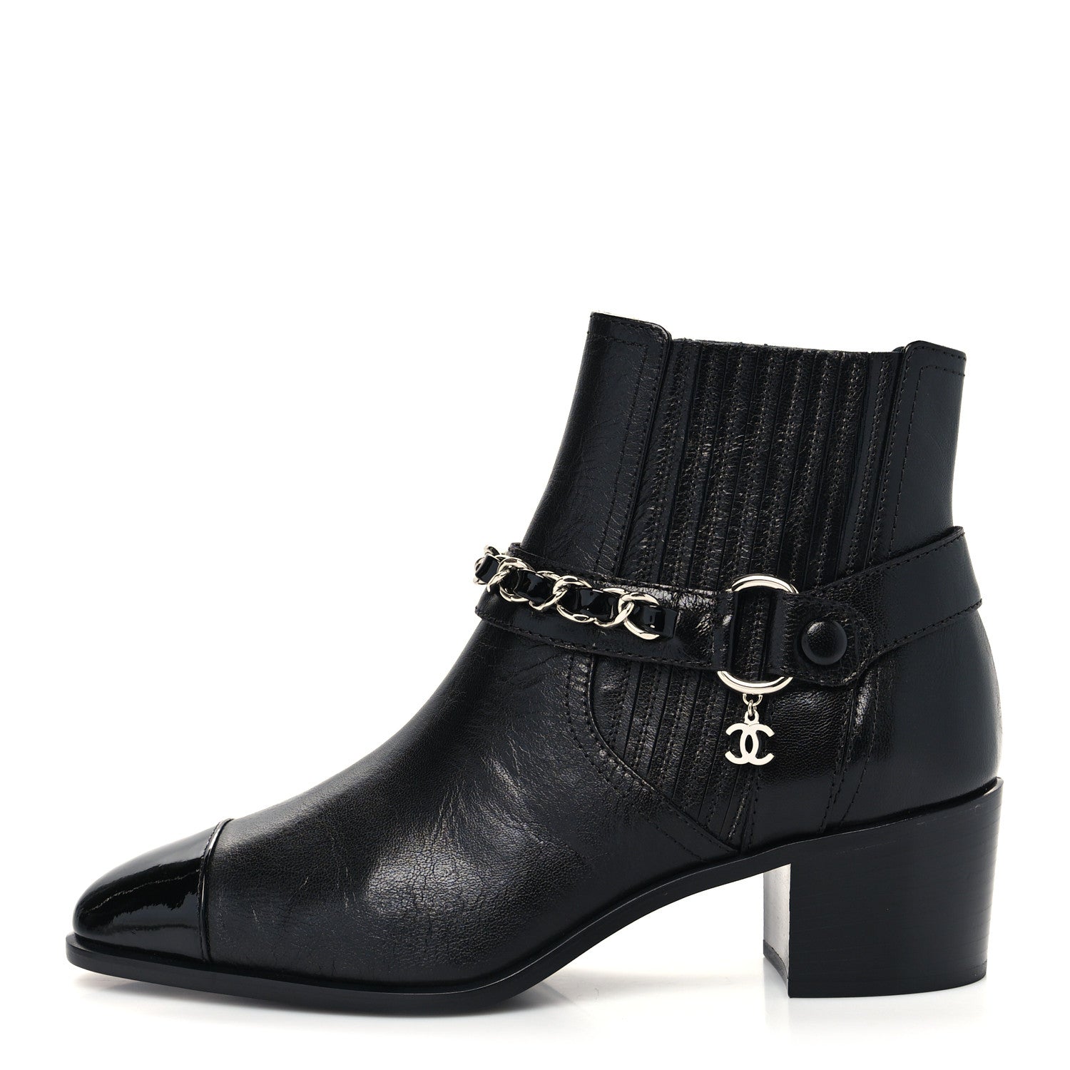 Chanel Goatskin Patent CC Cap Toe Chain Boots 37 Black 1 of 8