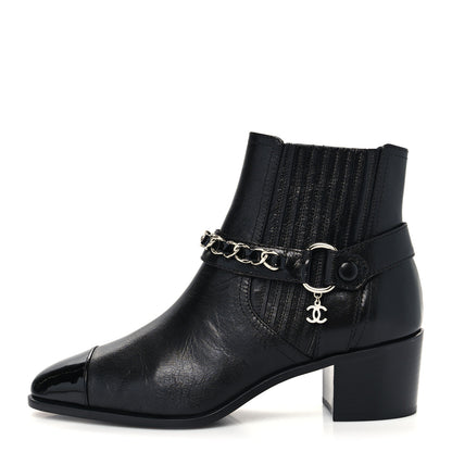Chanel Goatskin Patent CC Cap Toe Chain Boots 37 Black 1 of 8