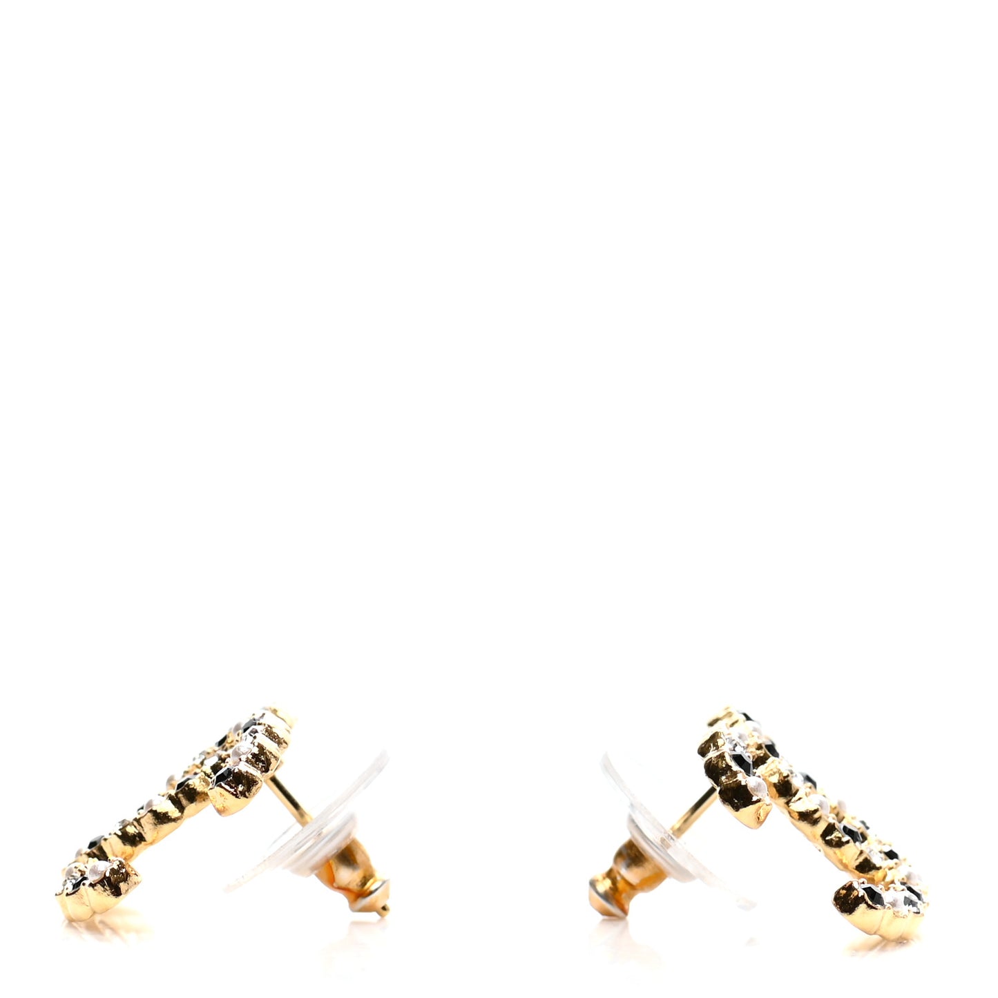 Resin Pearl Crystal CC Earrings Gold Black
