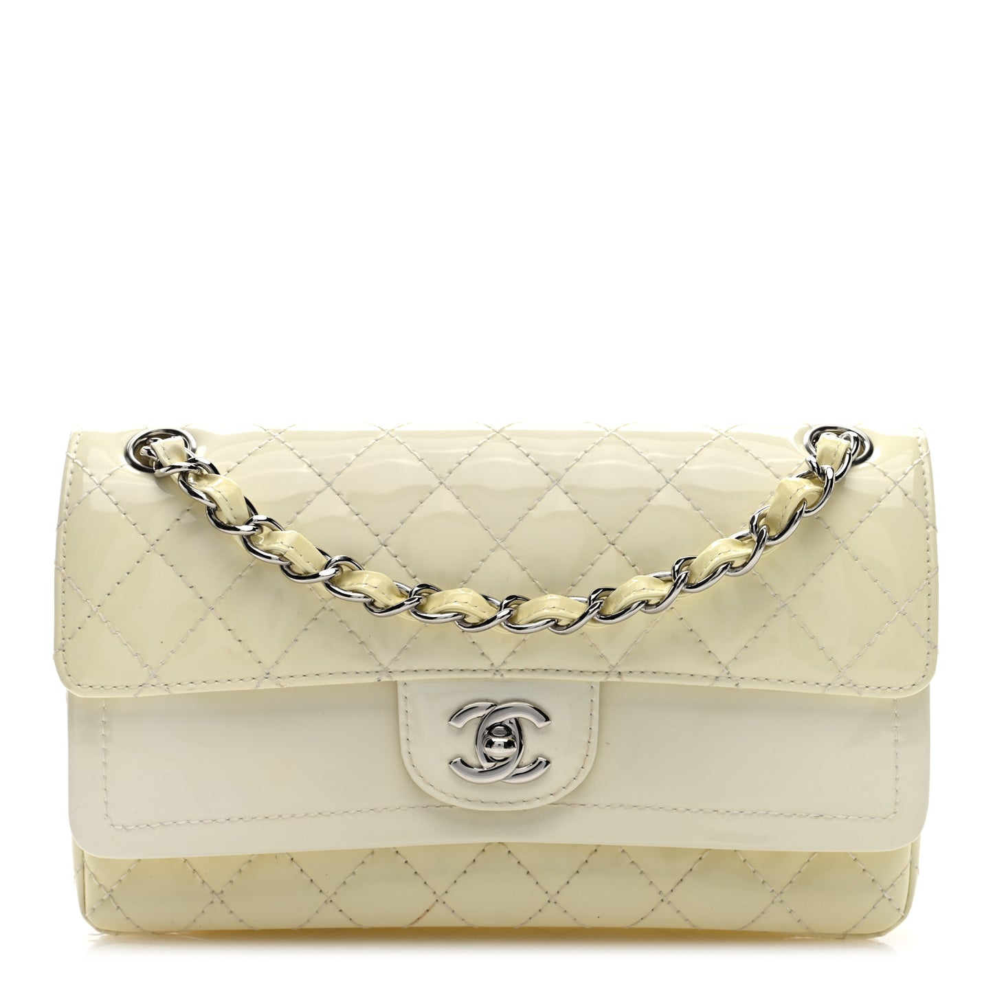 Patent Calfskin Quilted Rectangular Double Flap White