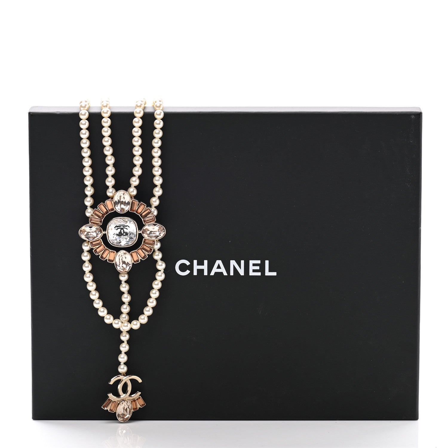 Chanel Baguette Crystal Resin Pearl CC Multi Strand Necklace Gold 7 of 7