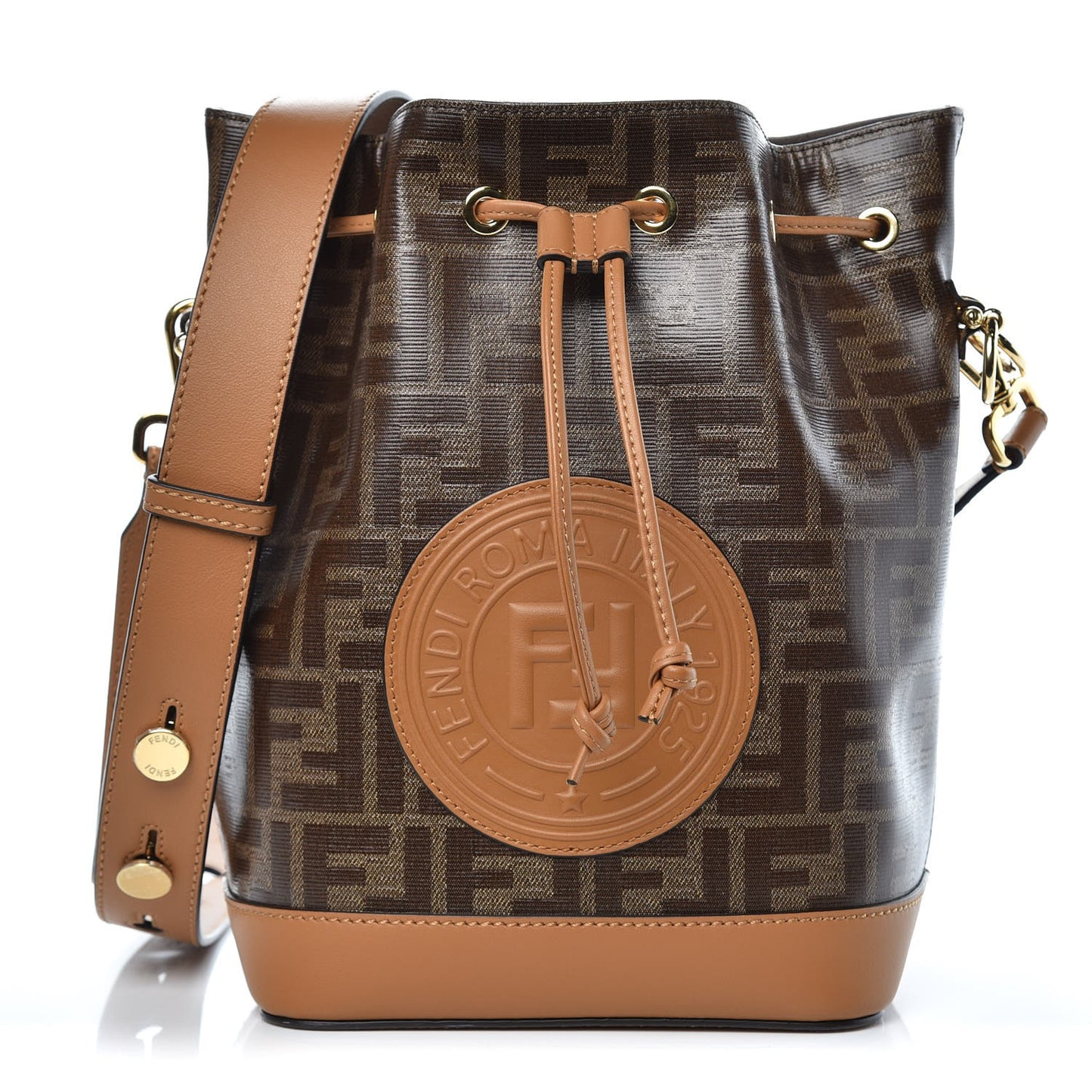 Glazed Fabric Vitello Grace F is Fendi FF 1974 Stamp Patch Grande Mon Tresor Bucket Bag Mogano Panna Nocciola