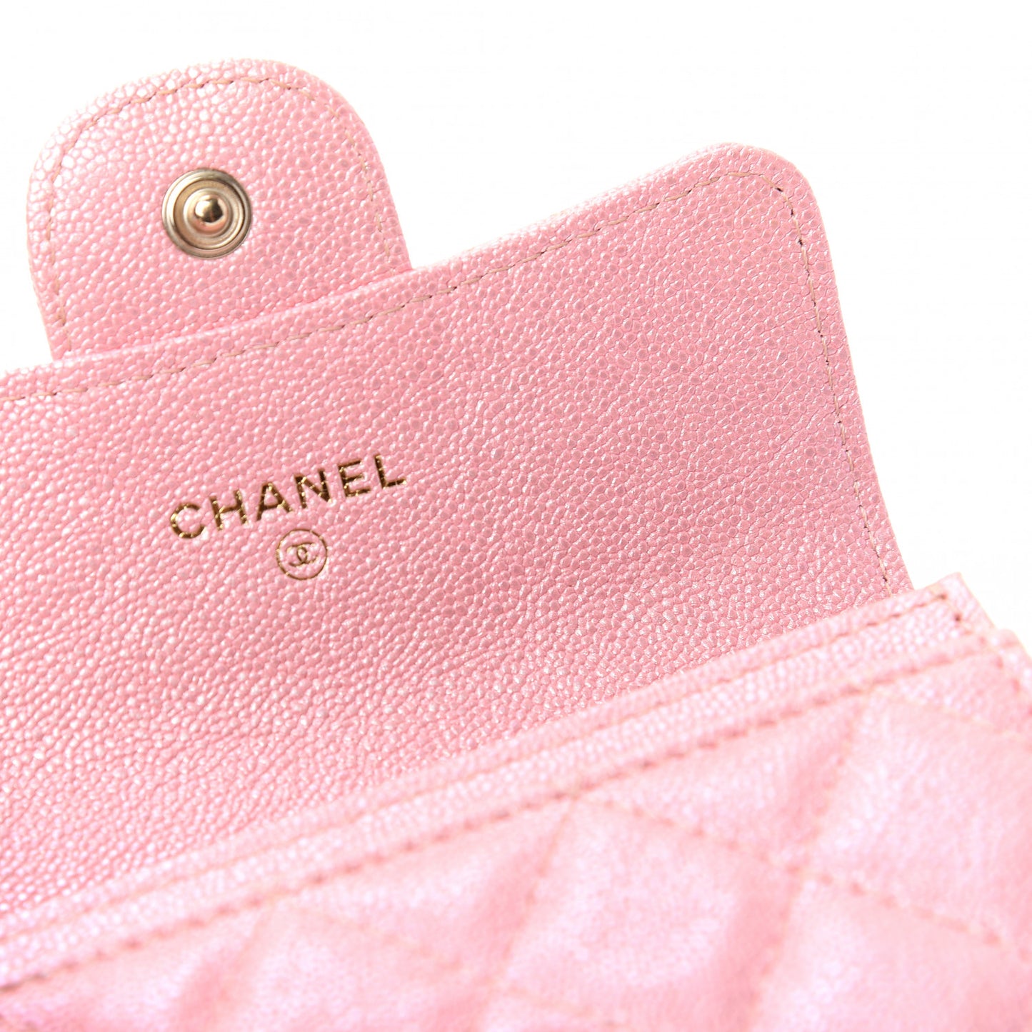 Iridescent Caviar Quilted Flap Card Holder Rose Pink