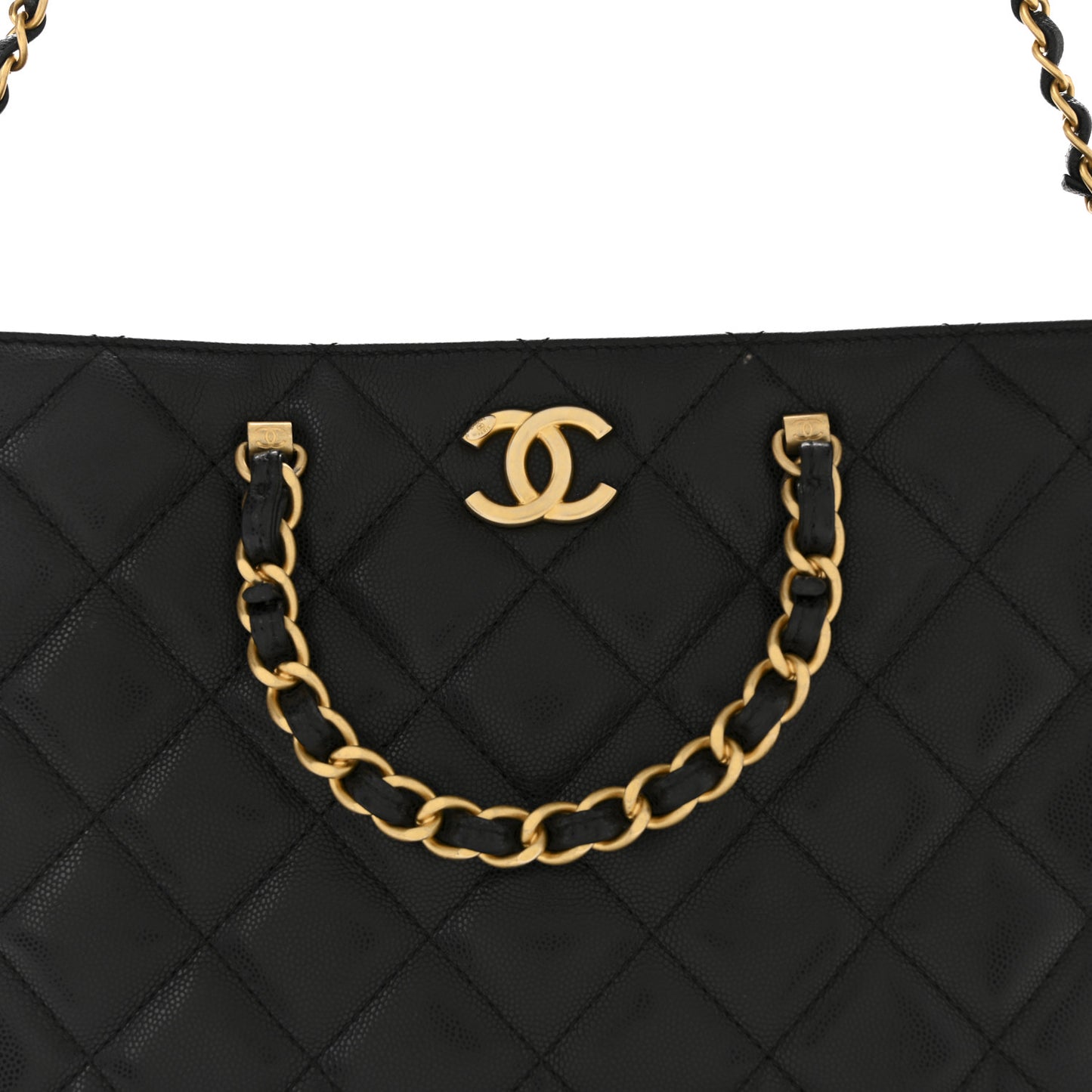 Shiny Caviar Quilted Chain Handle Small Shopping Tote Black